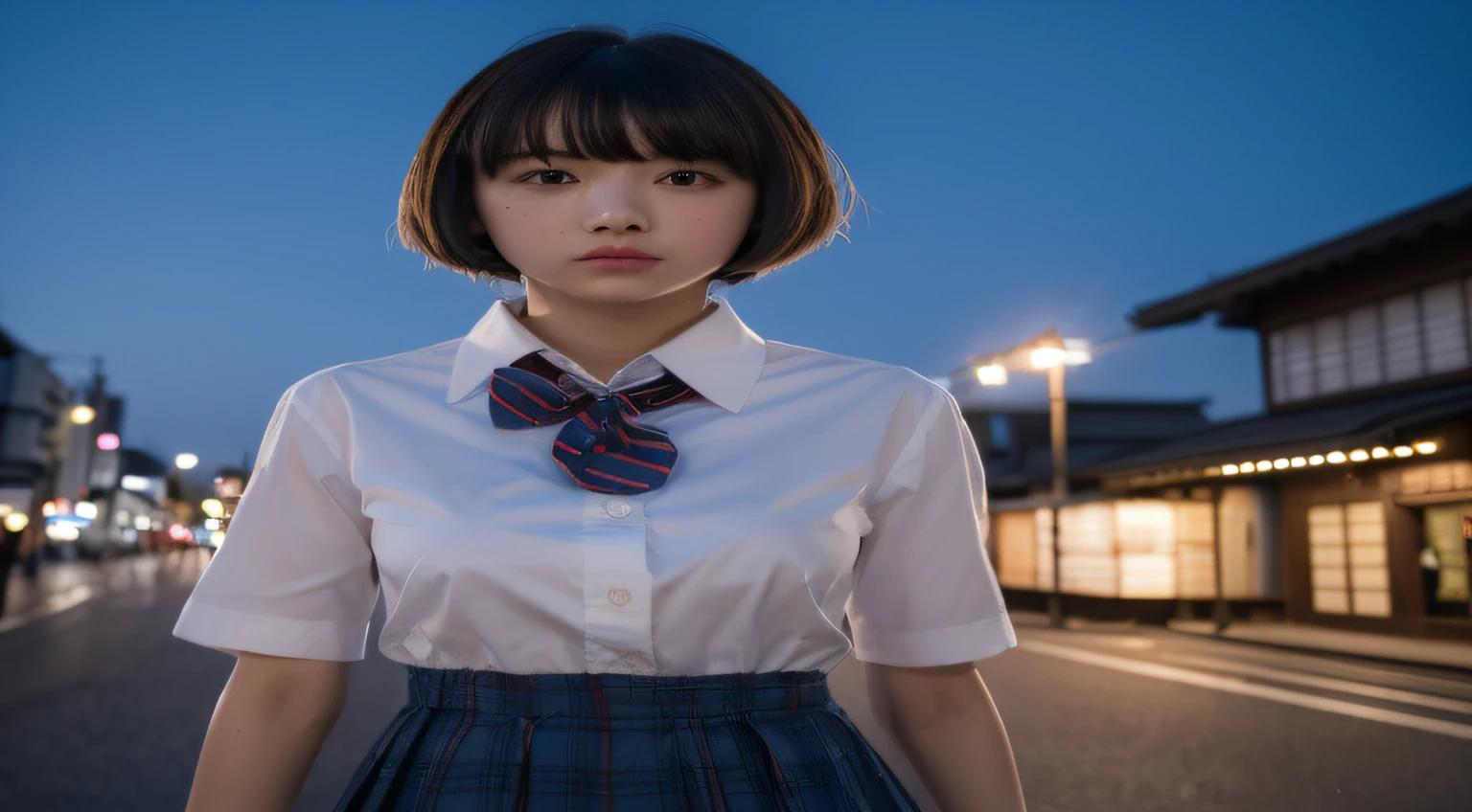 (8k, RAW photo, best quality, masterpiece:1.2), (realistic, photo-realistic:1.37), ultra-detailed, 1 girl,cute, solo,beautiful detailed sky,detailed tokyo street,night, medium breasts,beautiful detailed eyes,(collared shirt:1.1), bowtie,pleated skirt,(short hair:1.2),floating hair,short hai,