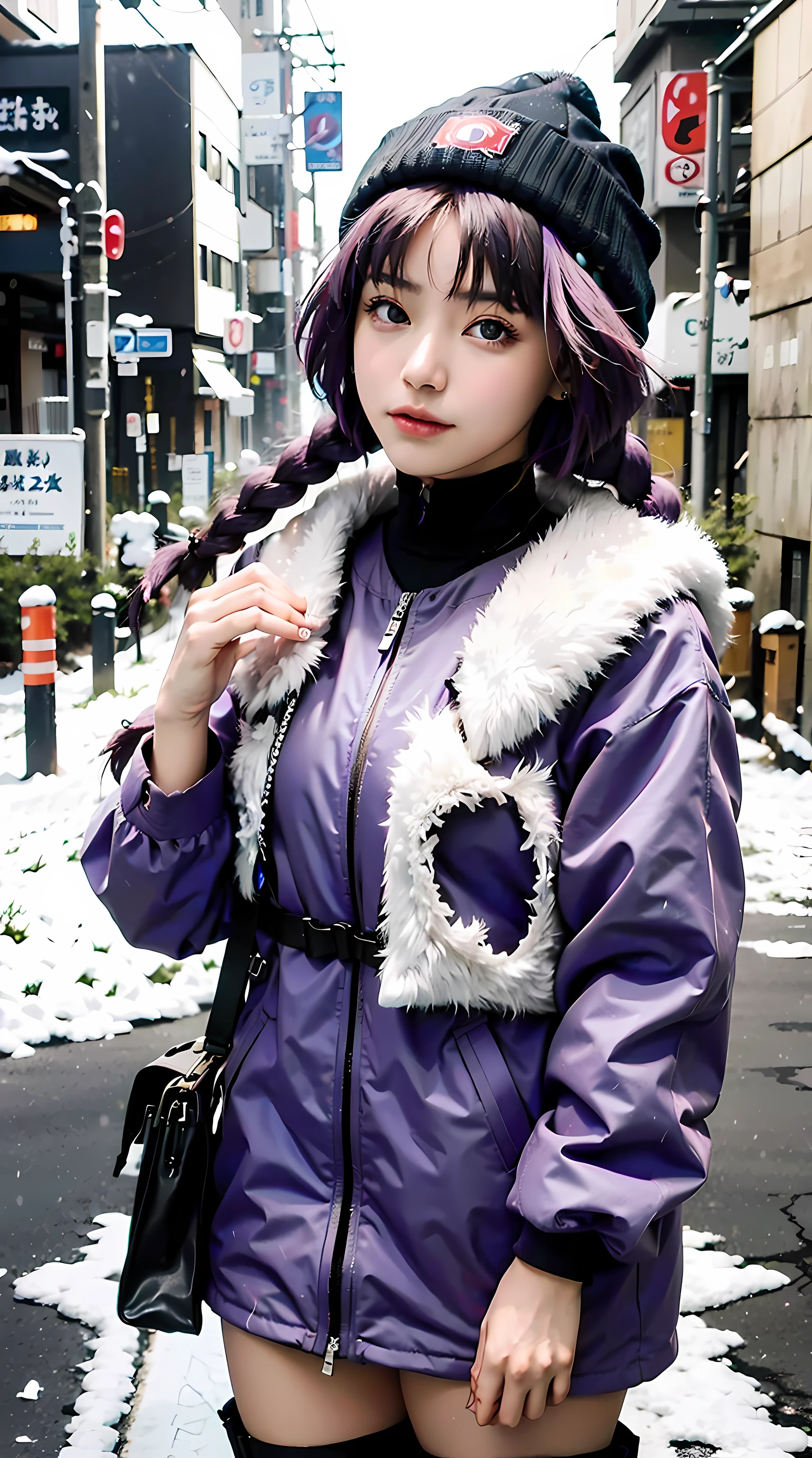 sumire kakei, single braid, purple hair, beautiful, beautiful woman, perfect body, perfect breasts, wearing a beanie, wearing a winter jacket, wearing a duffle coat, carrying a bag, wearing a watch, wearing earrings, in public, being in tokyo city, on the street, snow on the street, it's snowing, looking at the viewer, a slight smile, realism, masterpiece, textured skin, super detail, high detail, high quality, best quality, 1080p, 16k