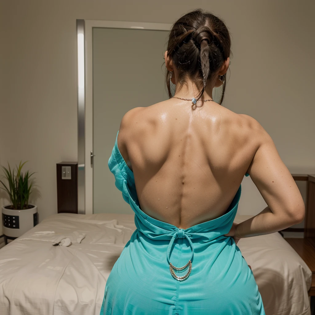 1girl, aqua eyes, back, franja, bareshoulders, luvas pretas, olhos azuis, pigtail, Gargantilha, Brincos, luvas sem dedos, from behind, Luvas, cabelos grisalhos, propriedade, suit jacket, jewelries, cabelos longos, Olhando para o Viewer, Looking back, nail polish, fora do ombro, separated-lips, penetrante, rabo-de-cavalo, jaqueta vermelha, sozinho, parte superior do corpo,Baiyi,[[Realistic]],(pele brilhante),(master part:1.4),(best quality:1.4). Corpo nu. Full body wet from head to toe. Seios naturais.  Linda