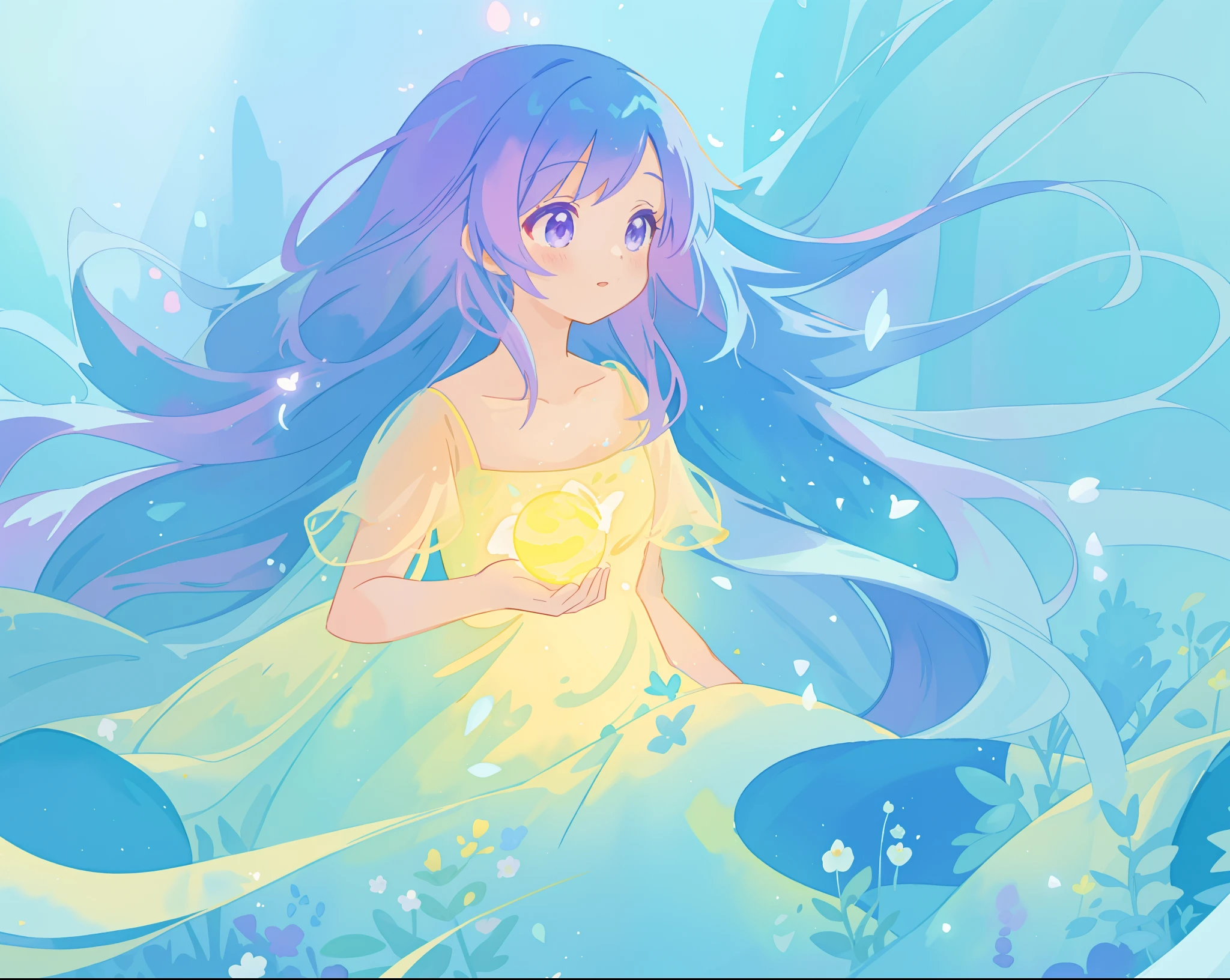 beautiful girl in yellow mint gradient flowing ballgown, long flowing blue purple hair, colorful fantasia background, watercolor illustration, disney art style, glowing aura around her, glowing lights, beautiful digital illustration, fantasia otherworldly landscape plants flowers, beautiful, masterpiece, best quality, anime disney style