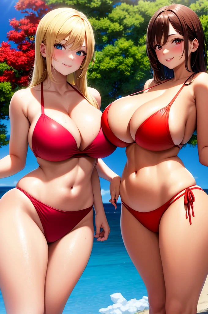 masterpiece, best quality, 2girls, girl1: annie, girl2: mary, girl1, embarrassed, wet:1.4, blonde hair, red eyes, blue bikini huge thighs, huge ass, very huge breasts, girl2, tall, smiling, wet:1.4, brown hair, brown eyes, huge breasts, huge thighs, huge ass, red bikini