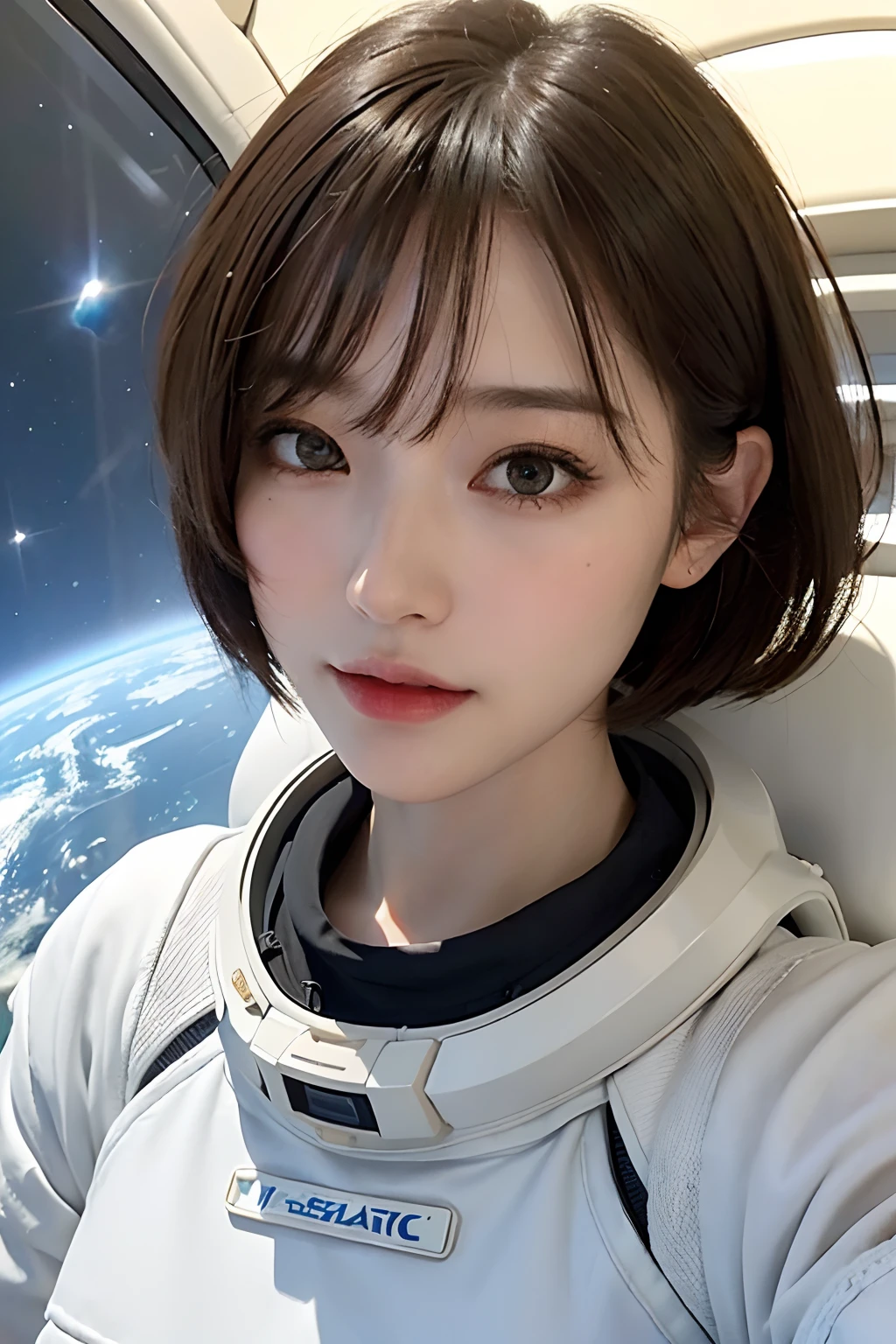 top-quality、masterpiece、超A high resolution、(realisitic:1.4)、Beautuful Women1、Beautiful detail eyes and skin、ssmile、Light brown short-cut hair、The perfect spacesuit、spaceships、cosmic space、Water Planet、weak sunshine、