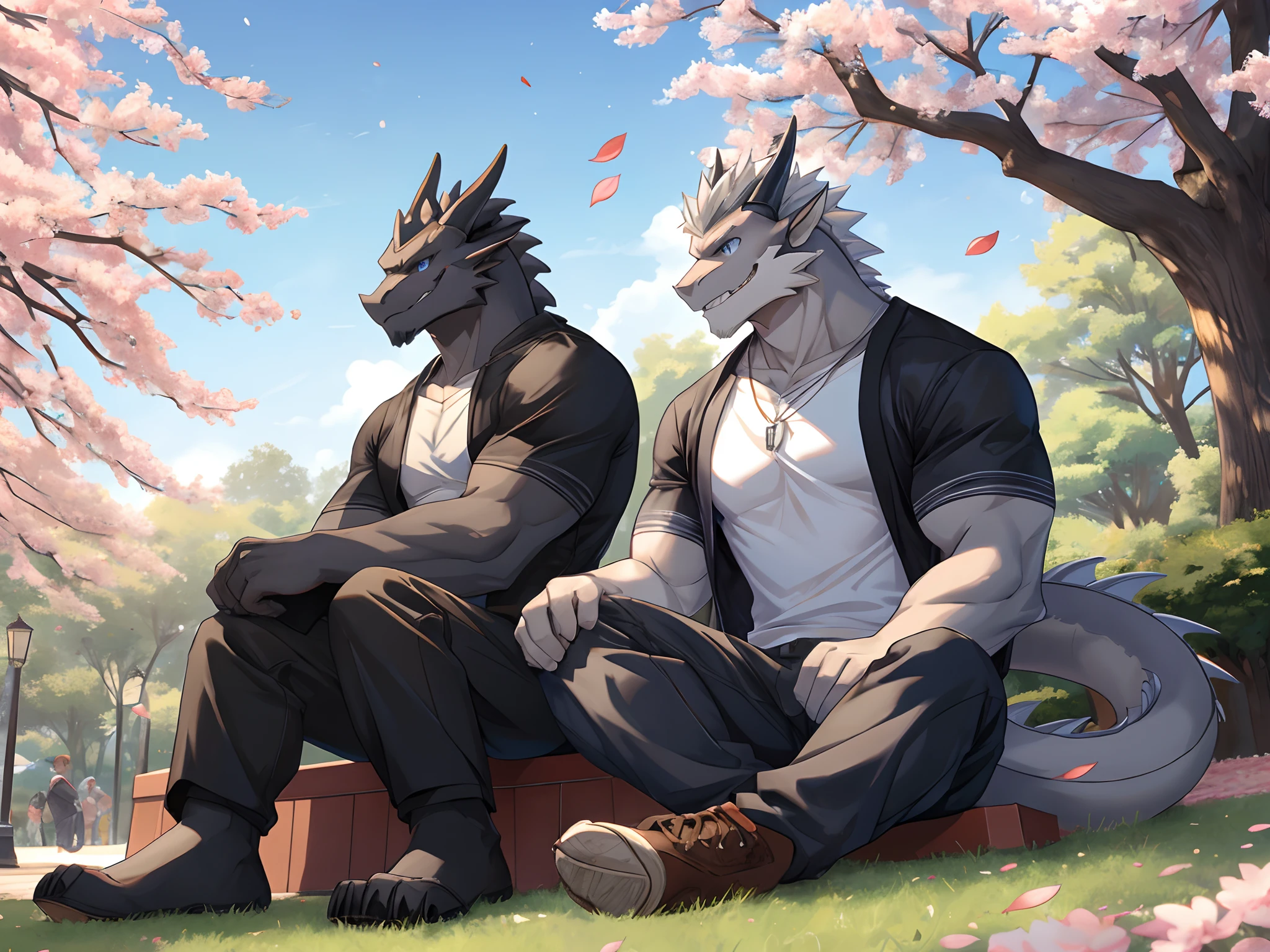 (Best Quality), Duo, 1Male, (Furry Gray Dragon), Blue Eyes, White Medium Hair, Casual Clothes Set, Strong Fit Body, Good Looking, 1Male, (Furry Black Dragon), Purple Eyes, Gray Medium Hair, Gray Facial Hair, Casual Clothes Set, Good Looking, Strong Fit Body, ((Gray Dragon Sitting With Black Dragon)), Sitting near Sakura Trees, Sakura Leaf Falling, Smiling, Teeth, Comfortable, Joy Expression, Morning, Park Background