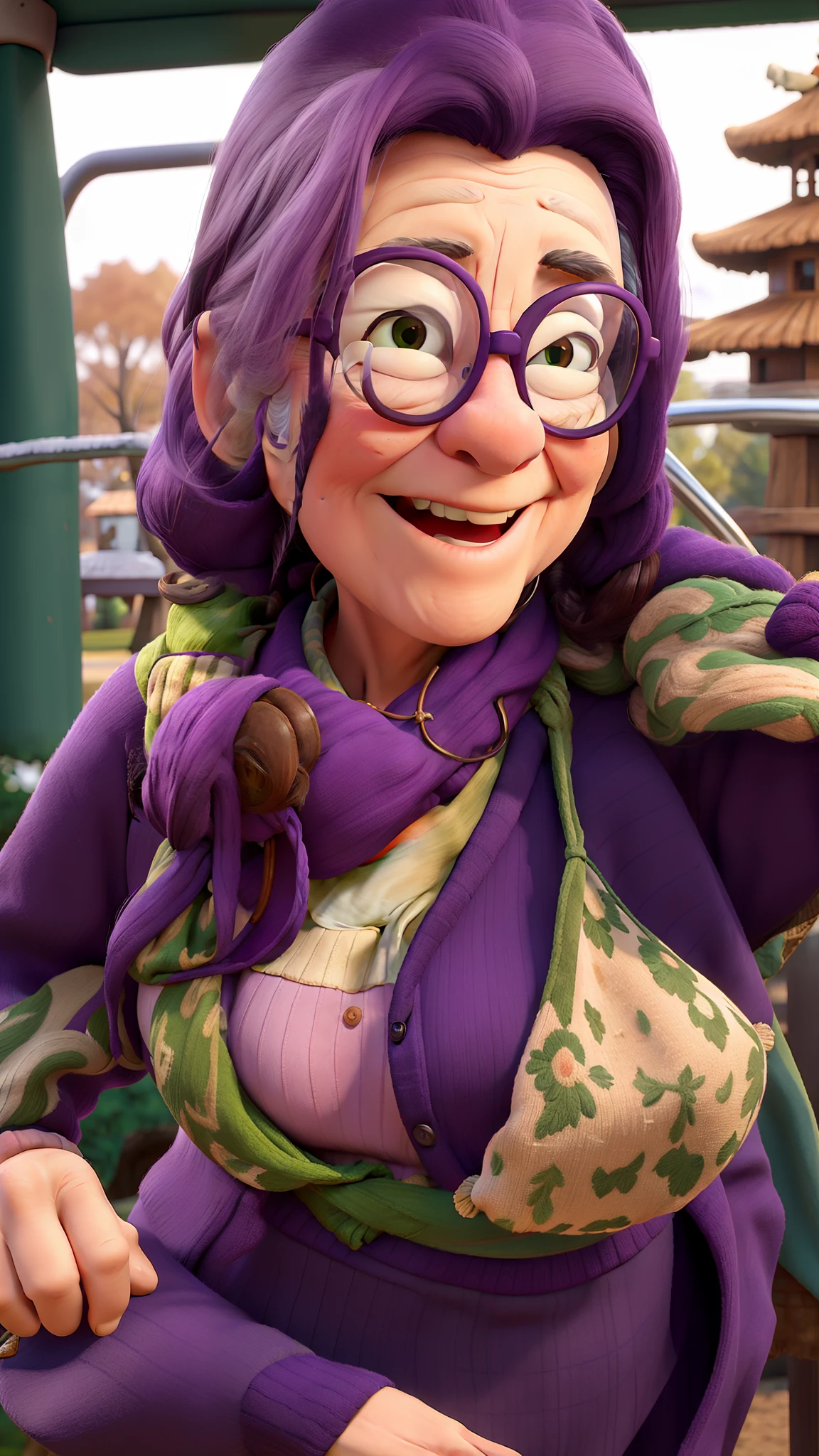 masterpiece, best quality, an old woman with glasses and a scarf on, wearing a purple coat and green scarf, standing at the park