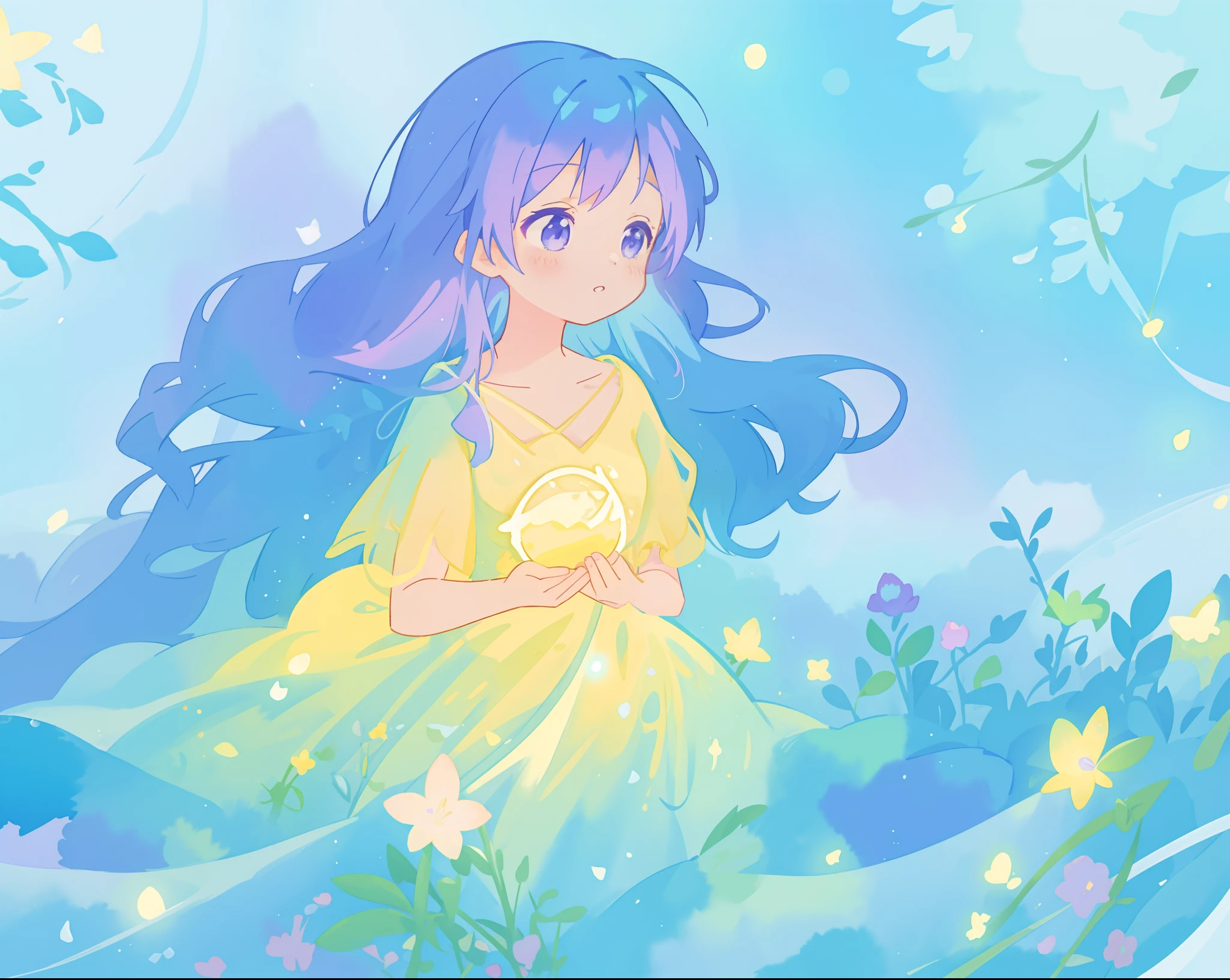 beautiful girl in yellow mint gradient flowing ballgown, long flowing blue purple hair, colorful fantasia background, watercolor illustration, disney art style, glowing aura around her, glowing lights, beautiful digital illustration, fantasia otherworldly landscape plants flowers, beautiful, masterpiece, best quality, anime disney style