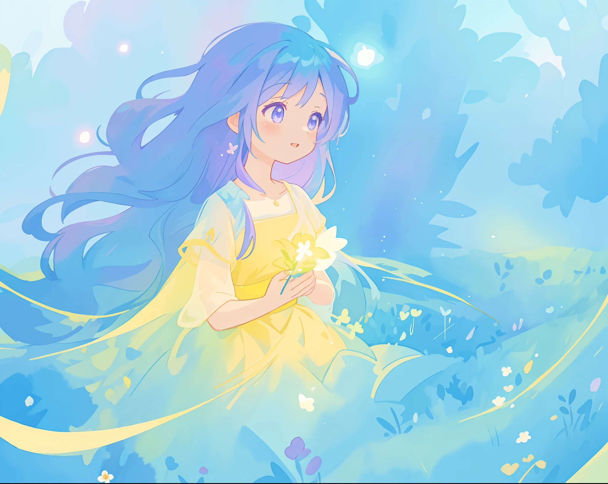 beautiful girl in yellow mint gradient flowing ballgown, long flowing blue purple hair, colorful fantasia background, watercolor illustration, disney art style, glowing aura around her, glowing lights, beautiful digital illustration, fantasia otherworldly landscape plants flowers, beautiful, masterpiece, best quality, anime disney style