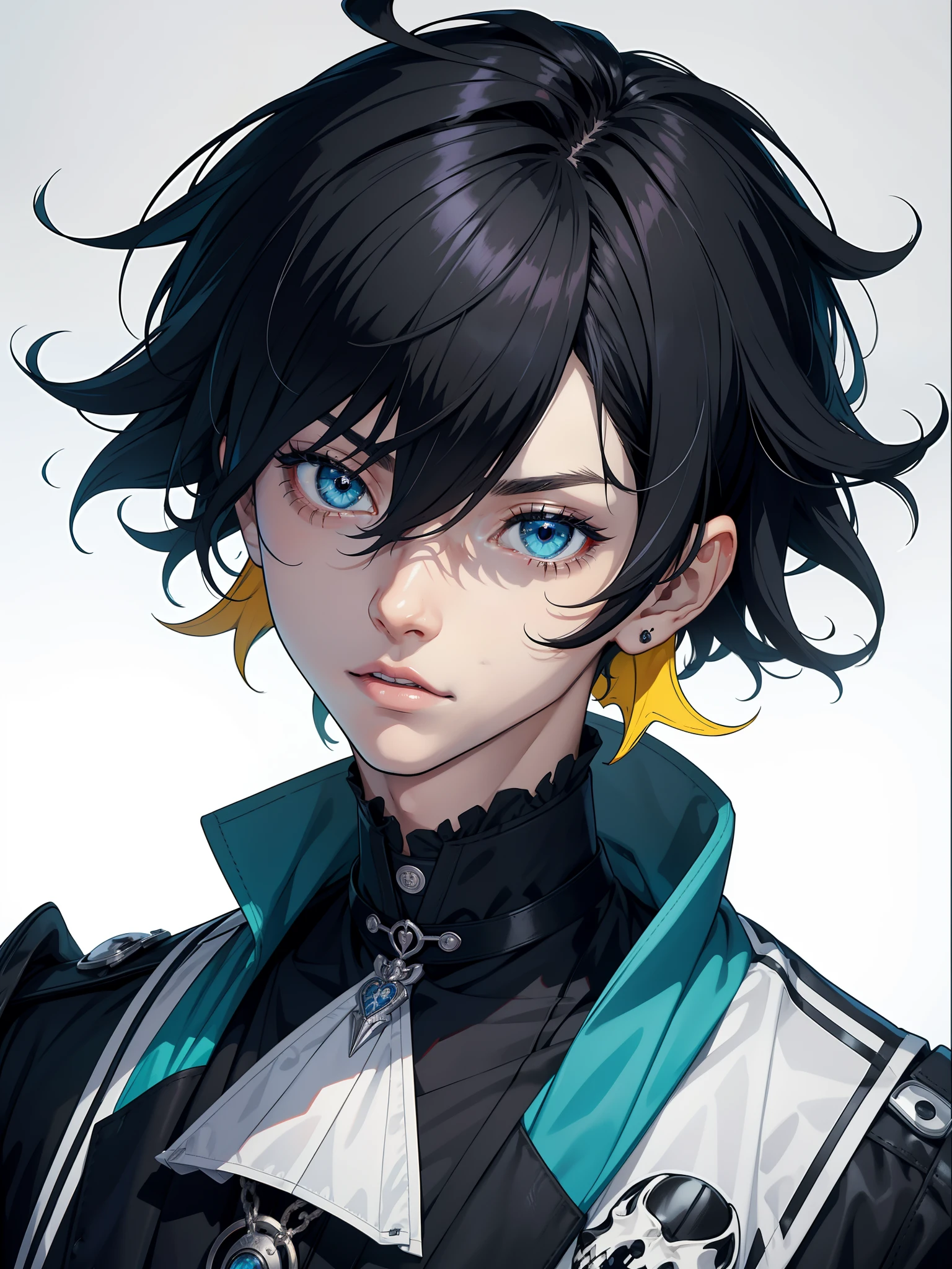 masterpiece, best quality, male character, black hair, messy hair, tousled hair, blue left eye, yellow right eye, heterochromia, fluffy hair, spooky, horror house, portrait, idol, Kagekata Mika, Kagehira mika, bright, stylized character design, high quality character design, detailed character design, great character design, male, highly detailed outfit, alternative, frontage, lateral face, lovely boy, perfect face, detailed eyes, elegant, pretty man, facing camera, pretty, handsome, detailed background, original, rgkg, slim, petite, pointed teeth, portrait, ensemble stars, idol, model, slim, handsome male, bokeh, unique lighting, colourful shading, brightly coloured, bold colours, bold lines, dynamic, strings, injuries on arms, very skinny, menhera, creepy, spooky, horror, bold details, streetwear, modern clothing, jacket, male, short hair, wolf cut hair, young man, glitchy, short front of hair, short mullet, wolfcut hair, bones, bone accessorises