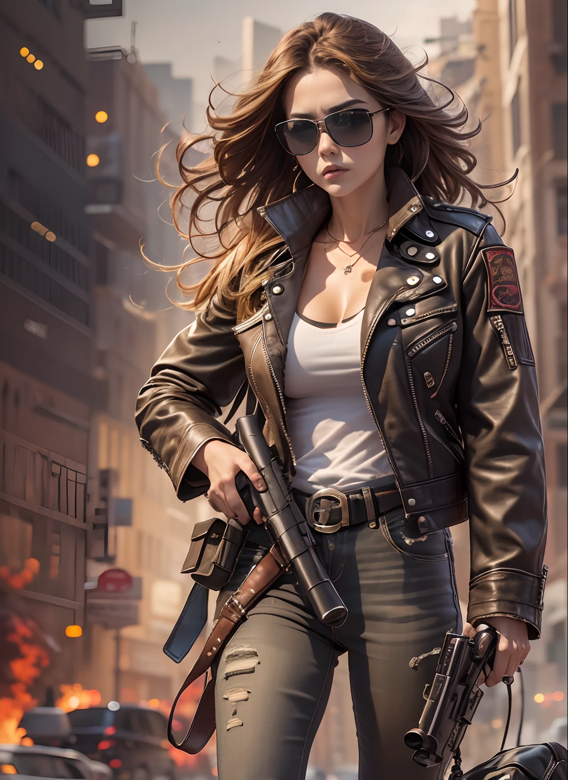 Jungle city movie poster, lion warrior, black jeans, belt, long coat, rivets, holster, rivets, explosions, jungle, ruins, just one body, night