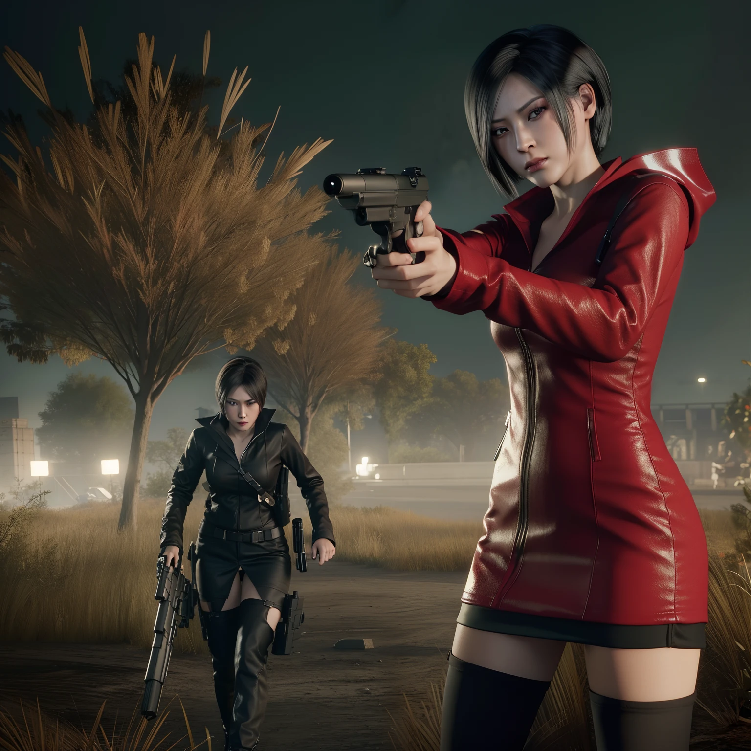 Ada wong, beautiful face, bob hair, perfect Face, wearing mini red rose dress hoody, black nail polish, glare expression, holding a gun, Look straight