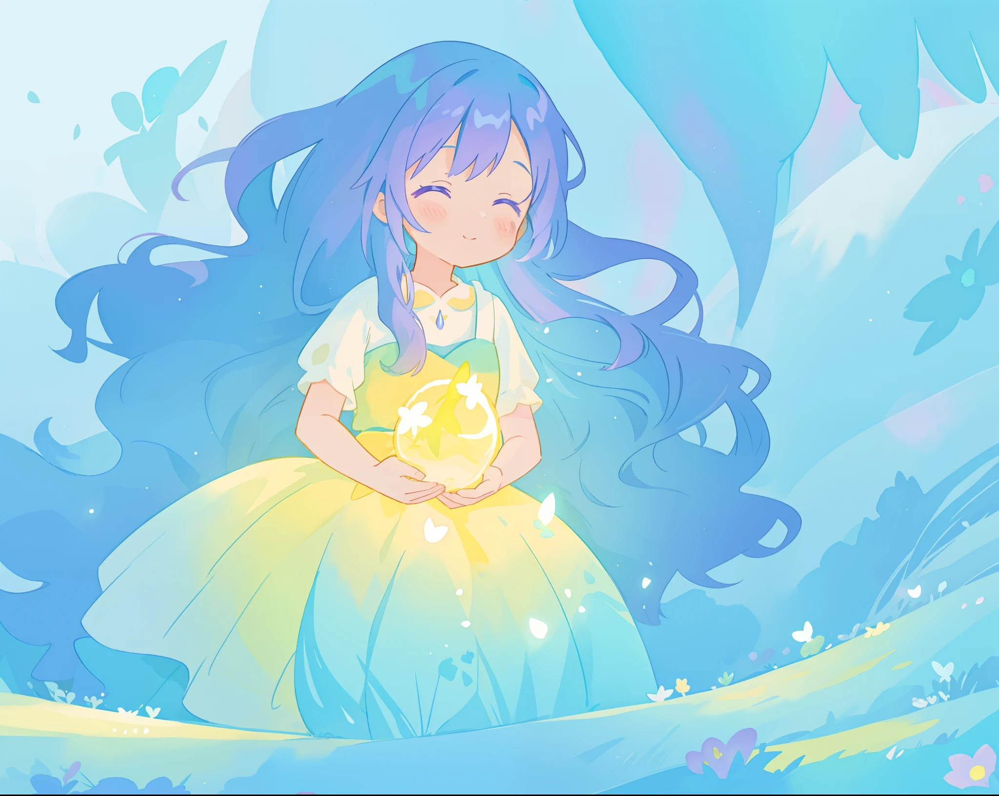 beautiful girl in yellow mint gradient flowing ballgown, long flowing blue purple hair, colorful fantasia background, watercolor illustration, disney art style, glowing aura around her, glowing lights, beautiful digital illustration, fantasia otherworldly landscape plants flowers, beautiful, masterpiece, best quality, anime disney style