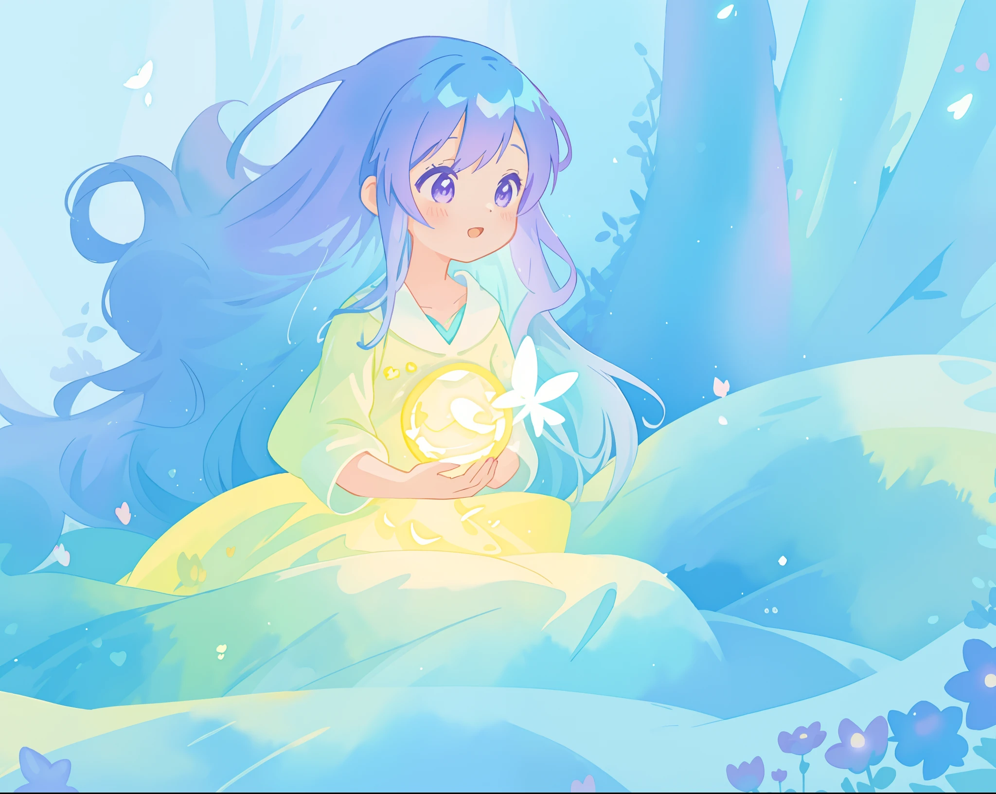 beautiful girl in yellow mint gradient flowing ballgown, long flowing blue purple hair, colorful fantasia background, watercolor illustration, disney art style, glowing aura around her, glowing lights, beautiful digital illustration, fantasia otherworldly landscape plants flowers, beautiful, masterpiece, best quality, anime disney style