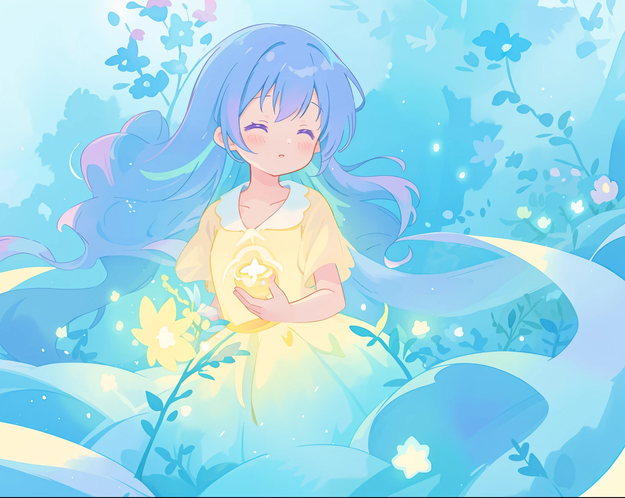 beautiful girl in yellow mint gradient flowing ballgown, long flowing blue purple hair, colorful fantasia background, watercolor illustration, disney art style, glowing aura around her, glowing lights, beautiful digital illustration, fantasia otherworldly landscape plants flowers, beautiful, masterpiece, best quality, anime disney style