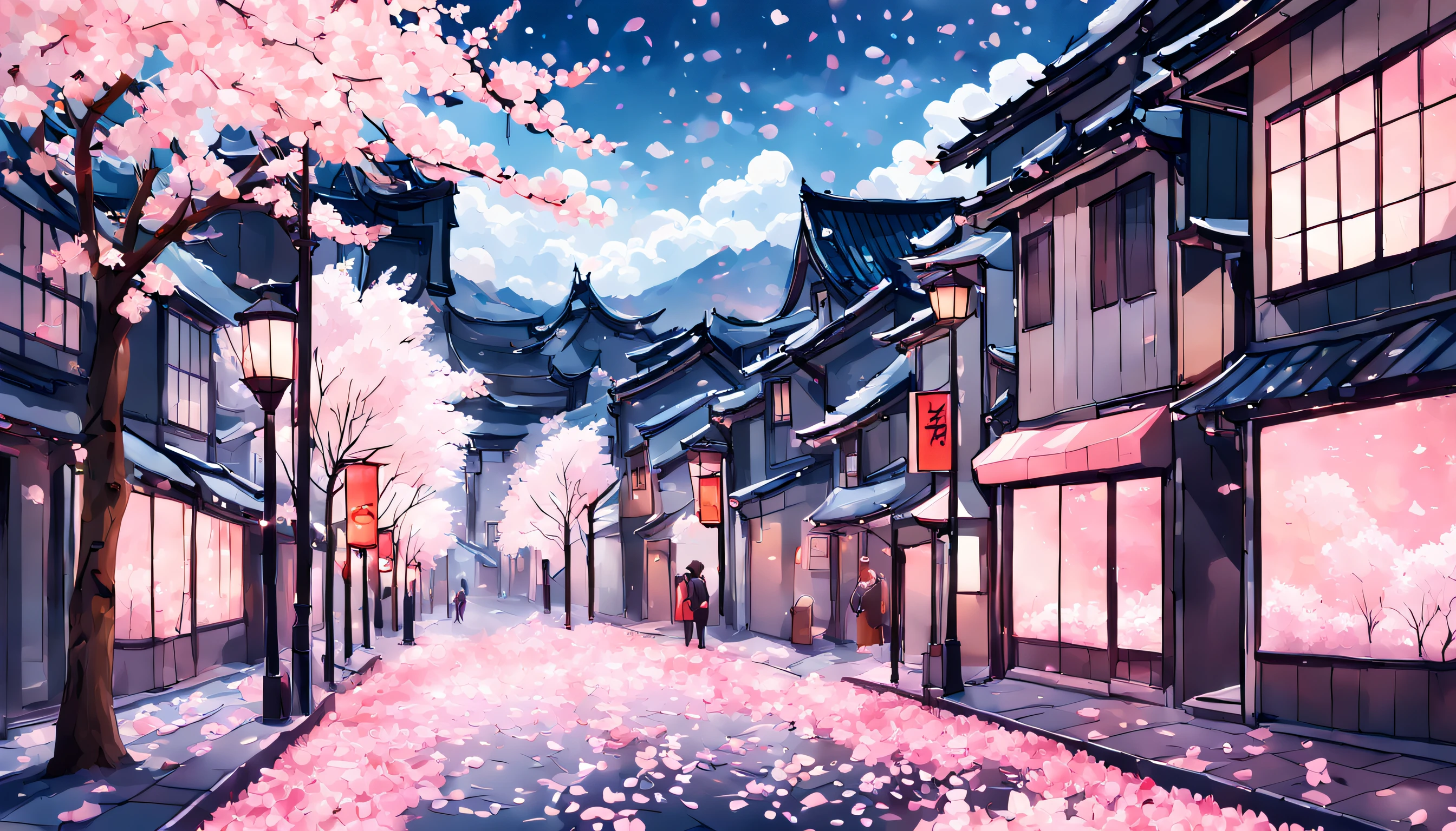 A breathtaking depiction of a city street covered in cherry blossom petals, bathed in a soft pink glow and the sky a vibrant blue with fluffy white clouds. The cherry blossoms should be in full bloom, with delicate pink and white petals falling gently to the ground like snowflakes. The overall effect should be one of serene beauty and peaceful tranquility, capturing the fleeting but unforgettable magic of springtime in Japan.