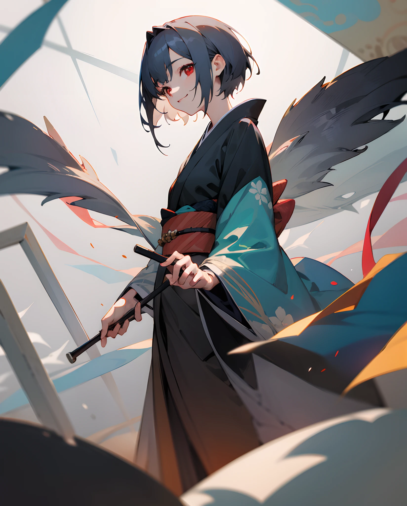 masterpiece、top-quality、超A high resolution、2D Beautiful Girl、animesque、s girl、greyt hair、short-haired、Black kimono、Beautiful red eyes、The clothes are also depicted in detail、Eyes are depicted in detail、The face is depicted in detail、sorcerer、soio、Gentle smile、hair adornments、animesque、illustratio