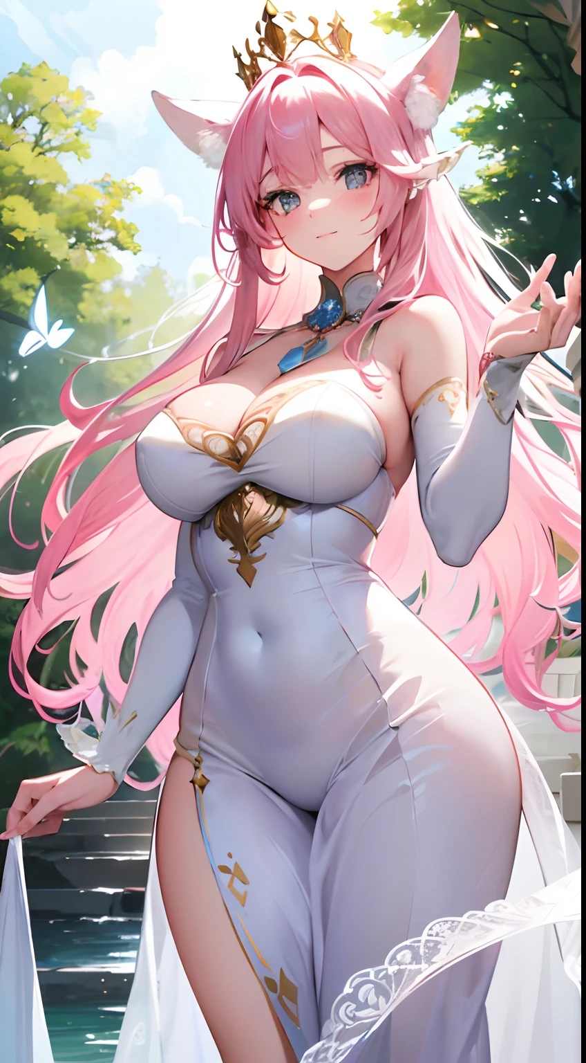 (best quality,4k,8k,highres,masterpiece:1.2),ultra-detailed,(realistic,photorealistic,photo-realistic:1.37),lady,regal,pink hair,long hair,soft hair,bunny ears,cotton candy hair,straight hair,realistic hair texture,flowing hair,bright cerulean eyes,sparkling eyes,facial expression,realistic face,luminous skin,soft skin,rosy cheeks,white dress,elegant dress,flowing dress,waist cinching dress,bunny tail,big breasts,feminine figure,crown,ornate crown,jeweled crown,freckles,delicate freckles,regal,queen,fantasy,queenly demeanor,enchanting smile,graceful posture,royal background,ethereal atmosphere,wisps of magic,enchanted forest,lush garden,sunlight filtering through trees,butterflies fluttering around,serene expression,commanding presence,royal scepter,hint of mystery,gentle breeze,subtle color palette,soft pastel tones,lavender hues,bunny-themed details,sophisticated elegance.