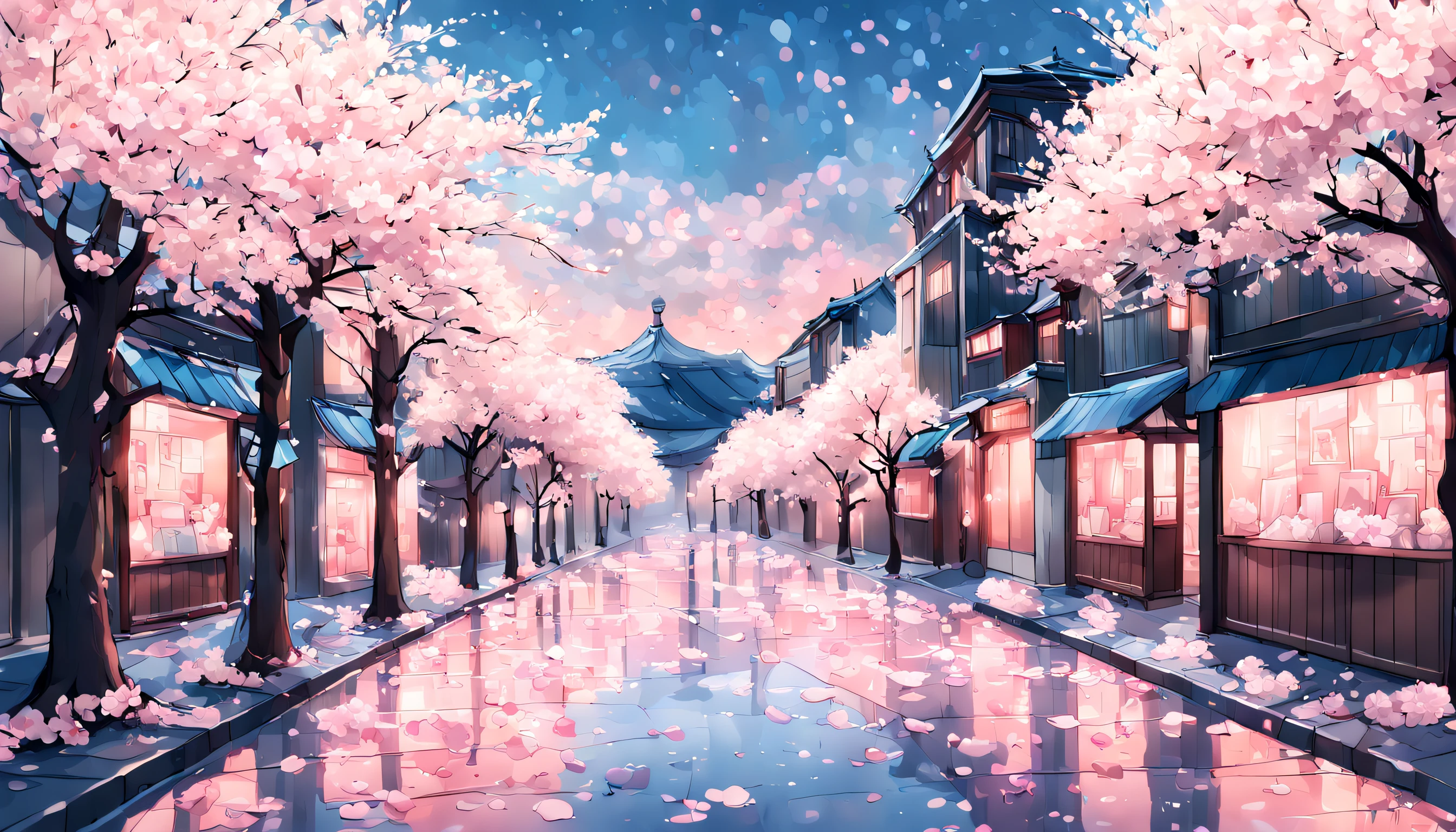 A breathtaking depiction of a city street covered in cherry blossom petals, bathed in a soft pink glow and the sky a vibrant blue with fluffy white clouds. The cherry blossoms should be in full bloom, with delicate pink and white petals falling gently to the ground like snowflakes. The overall effect should be one of serene beauty and peaceful tranquility, capturing the fleeting but unforgettable magic of springtime in Japan.