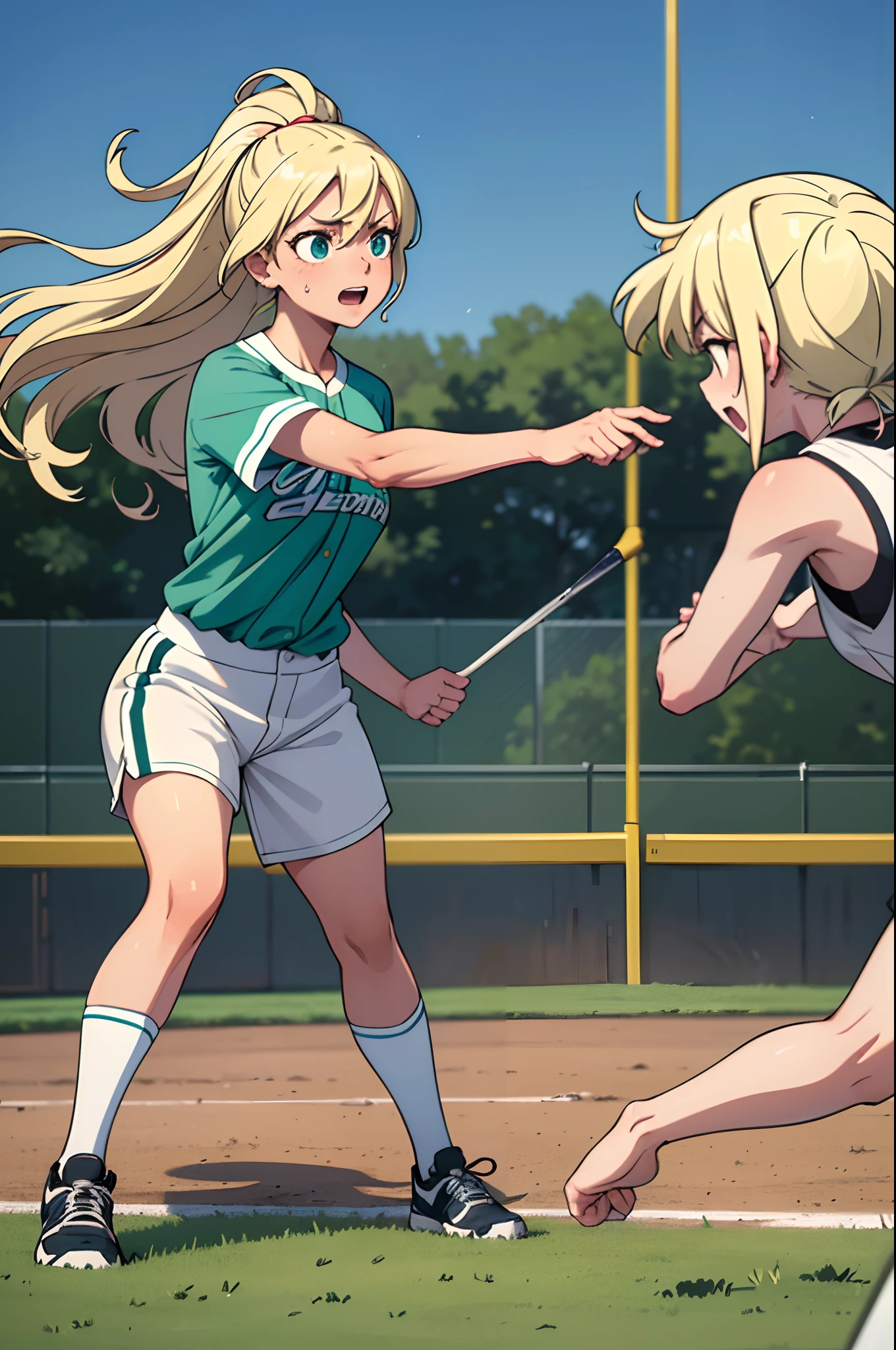 (best quality,4k,8k,highres,masterpiece:1.2), ultra-detailed, (realistic,photorealistic,photo-realistic:1.37), A young woman with long blond hair, blushing, playing baseball, baseball field, wearing baseball uniform, (vibrant colors), (sunlit field), (sharp focus), (sporty, energetic atmosphere), (dynamic motion), (intense competition), (dedicated player), (professional lighting), (dynamic composition), (athletic form), (sweat dripping), (focused expression), (crisp edges), (wind-blown hair), (dirt-covered shoes), (expressive eyes), (authentic baseball gear), (transparent stadium lights), (exhilarating moment), (powerful swing), (action-packed scene), (impeccable clarity), (speed lines), (detailed stitches on the baseball), (excitement-filled atmosphere), (accurate depiction), (determination), (painted texture), (authentic game vibe), (intensity), (realistic shadows), (vivid green grass), (precision), (high contrast), (animated crowd).