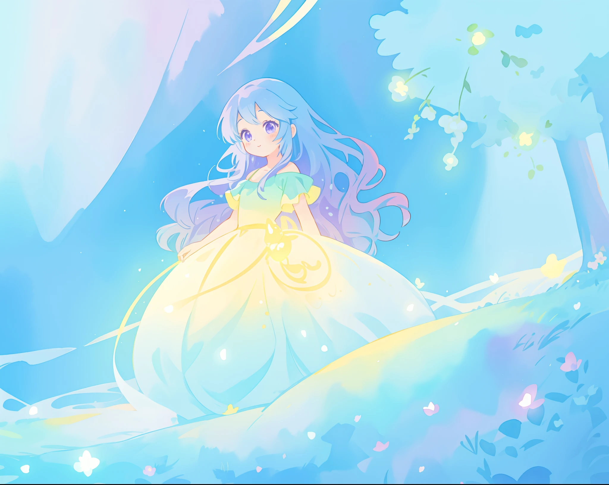 beautiful girl in yellow mint gradient flowing ballgown, long flowing blue purple hair, colorful fantasia background, watercolor illustration, disney art style, glowing aura around her, glowing lights, beautiful digital illustration, fantasia otherworldly landscape plants flowers, beautiful, masterpiece, best quality, anime disney style
