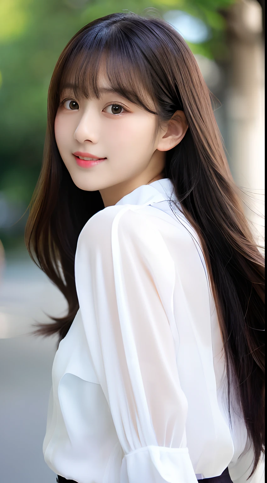 ((Beautiful and shiny、Neat straight long hair))、plein air, 独奏,top-quality、hyper HD、By bangs (Beautiful fece:1.3) ((kawaii:1.3))、(()) White shirt decolletage Natural color lips (Lori) Sense of cleanliness pure Half-open lips ((kawaii)) ((frontage))