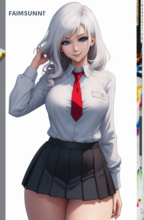 White background, Attractive Blue Eyes, animesque, disheveled hair that is down to the shoulders, white  hair, looking happy smile, full bodyesbian, No tie, Women's miniskirts, 14years, Anime-style beautiful girl, hyper detailed painting, luminism, 4K resolution, 3d rendered, octan render, complexly detailed, Cinematic, Trending in art stations,Isometric Centered Hyper Realistic Cover Photo Awesome Full Color, handdraw, big-boned, Realistic Musa, Intricate, hit definition, Cinematic, rough sketch, thickline, On paper,Red tie,School uniforms