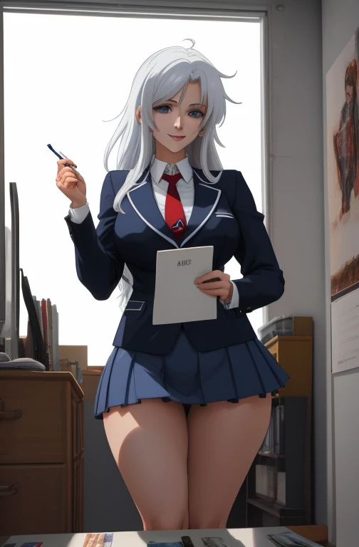 White background, Attractive Blue Eyes, animesque, disheveled hair that is down to the shoulders, white hair, looking happy smile, full bodyesbian, No tie, Women's miniskirts, 14years, Anime-style beautiful girl, hyper detailed painting, luminism, 4K resolution, 3d rendered, octan render, complexly detailed, Cinematic, Trending in art stations,Isometric Centered Hyper Realistic Cover Photo Awesome Full Color, handdraw, big-boned, Realistic Musa, Intricate, hit definition, Cinematic, rough sketch, thickline, On paper,Red tie,School uniforms