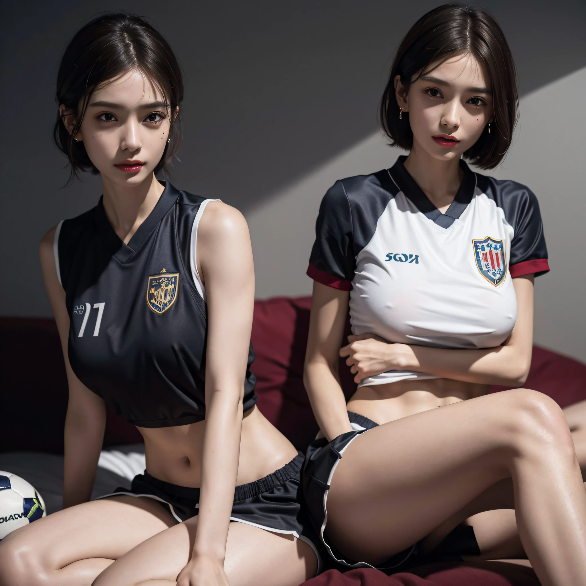 absurdres, RAW photo, extremely delicate and beautiful, masterpiece, Best Quality, ultra high resolution, 16k, hyperrealistic, ultra-detailed, perfect anatomy, super Detailed skin, perfect figure, Very detailed CG 8k wallpaper, in her 20s, very Slim body, narrow waist, very small head, very small face, delicate facial features, tearful mole, mole on chest, earring, thin legs, (very huge round breasts), midriff, (full body shot), 3 girls, dark Blonde hair, short medium hair, ((soccer uniform)),