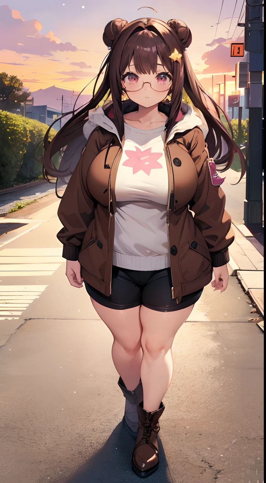 anime girl with big round glasses , anime moe anime girl, pink eyes, two buns, dark brown hair, shorts, thighhughs, boots, tan sweater, big brown jacket with white flower pattern, cute hair accessories, ((full body)), cute art style, big breasts, ((chubby)), pear body shape, wide hips, big thighs, beautiful sunset, stars, beautiful lighting, fantasy world, music notes in background, thick lineart, detailed, masterpiece