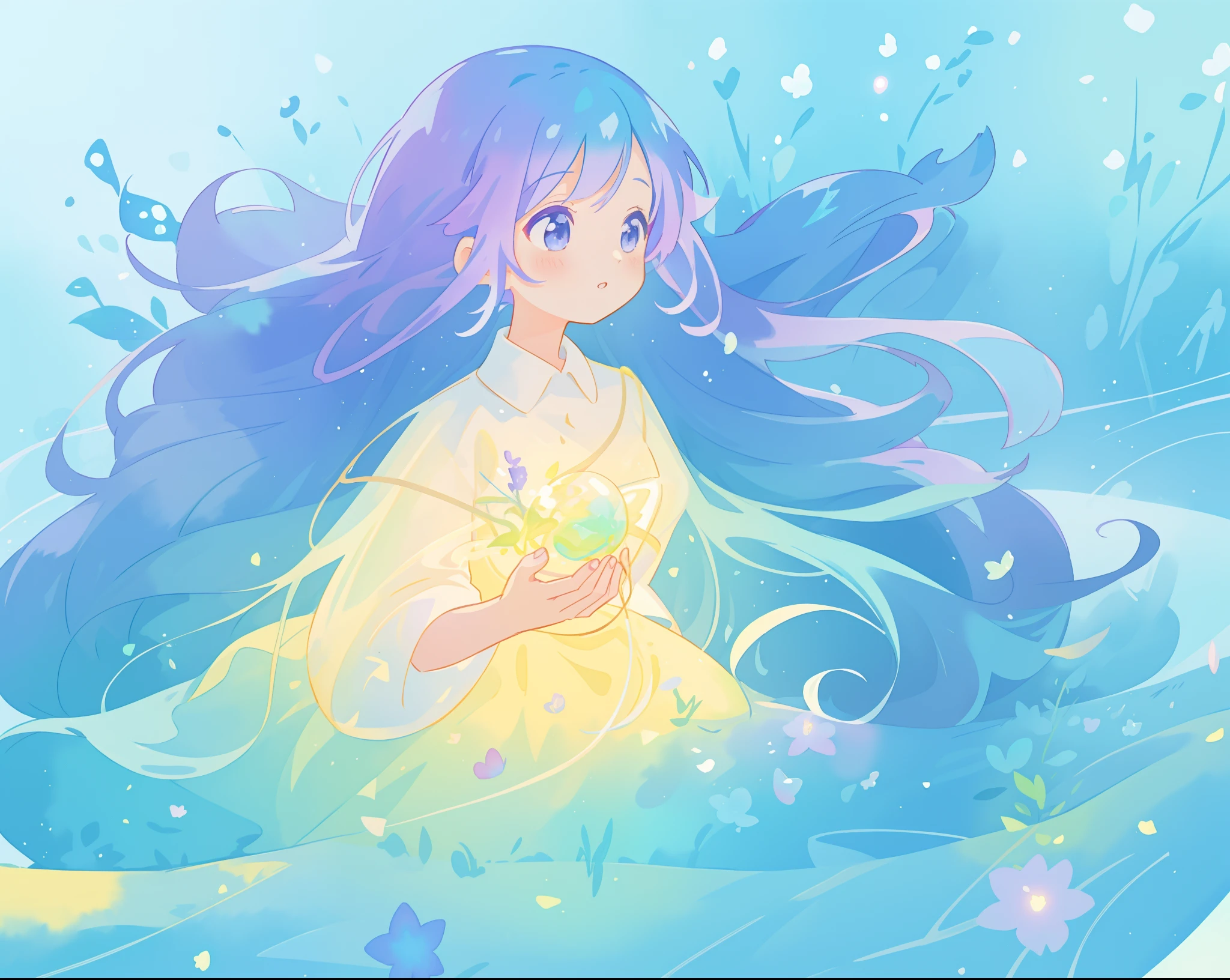 beautiful girl in yellow mint gradient flowing ballgown, long flowing blue purple hair, colorful fantasia background, watercolor illustration, disney art style, glowing aura around her, glowing lights, beautiful digital illustration, fantasia otherworldly landscape plants flowers, beautiful, masterpiece, best quality, anime disney style