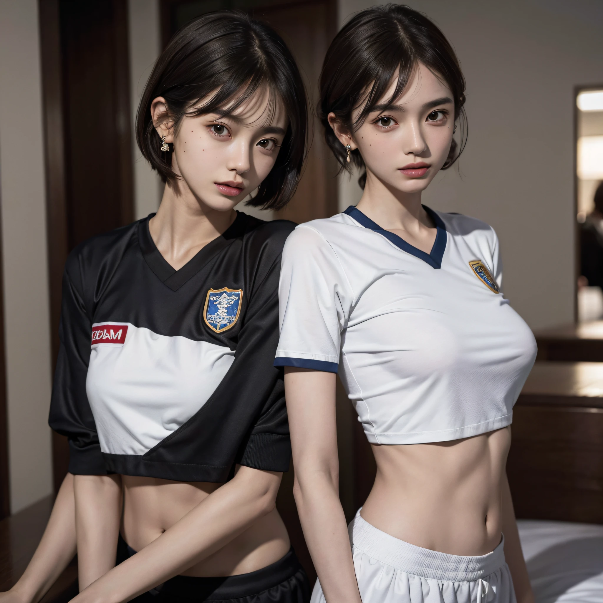 absurdres, RAW photo, extremely delicate and beautiful, masterpiece, Best Quality, ultra high resolution, 16k, hyperrealistic, ultra-detailed, perfect anatomy, super Detailed skin, perfect figure, Very detailed CG 8k wallpaper, in her 20s, very Slim body, narrow waist, very small head, very small face, delicate facial features, tearful mole, mole on chest, earring, thin legs, (very huge round breasts), midriff, (full body shot), 3 girls, dark Blonde hair, short medium hair, ((soccer uniform)),