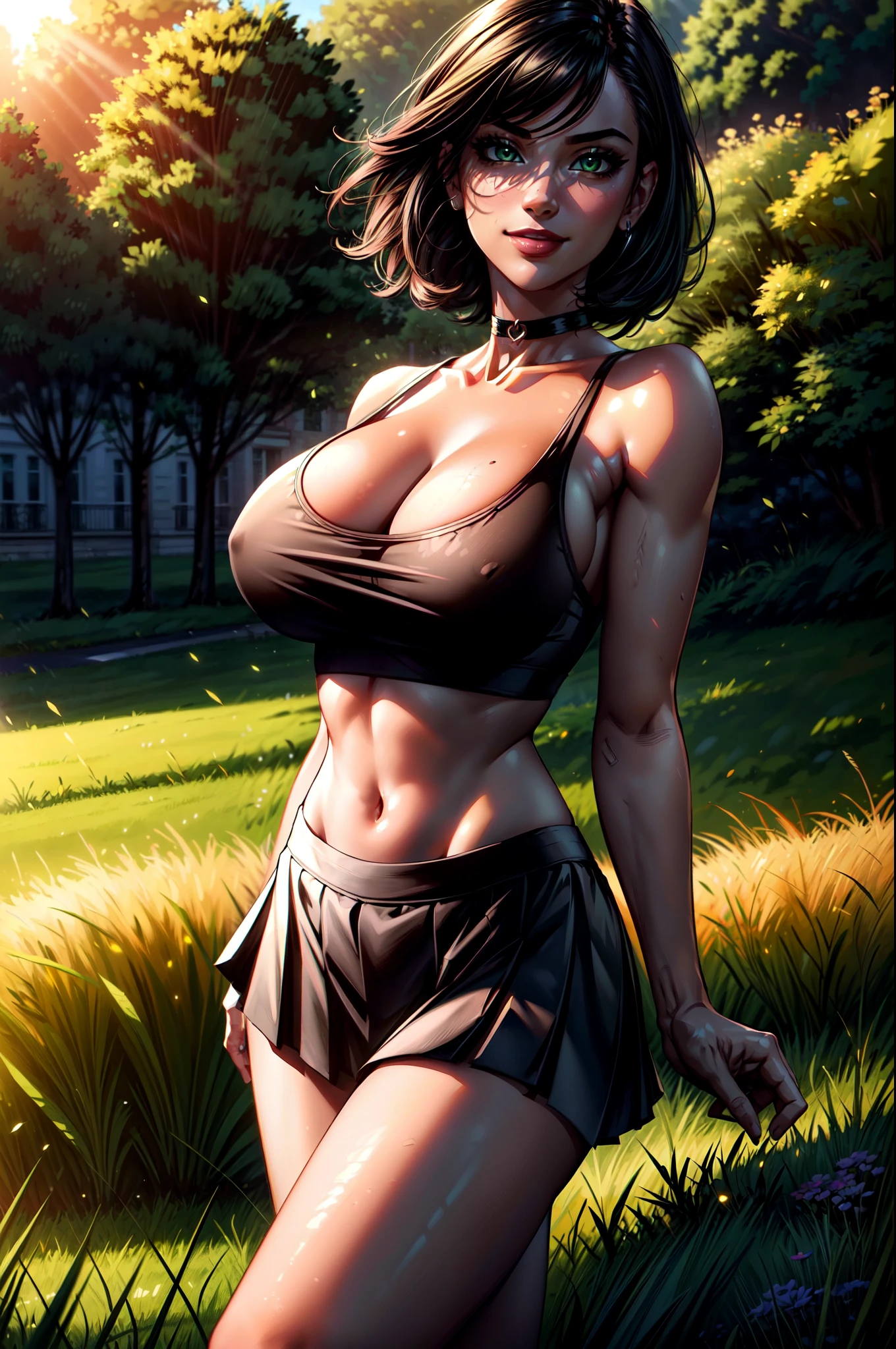 ((Masterpiece)), ((Best Quality)), Ultra High Resolution, HDR, absurdres, (1 girl), ultra detailed, dramatic lighting, blushing, smile, green eyes, short black hair, bob hair, choker, crop top, (black tank top), (black pleated mini skirt), gorgeous girl, large breasts, cleavage, gorgeous body, glossy skin, vivid colors, full body view, sharp focus, ultra detailed illustration, ultra detailed background, ultra photorealistic, outdoors, standing up, in green grass field, feminine