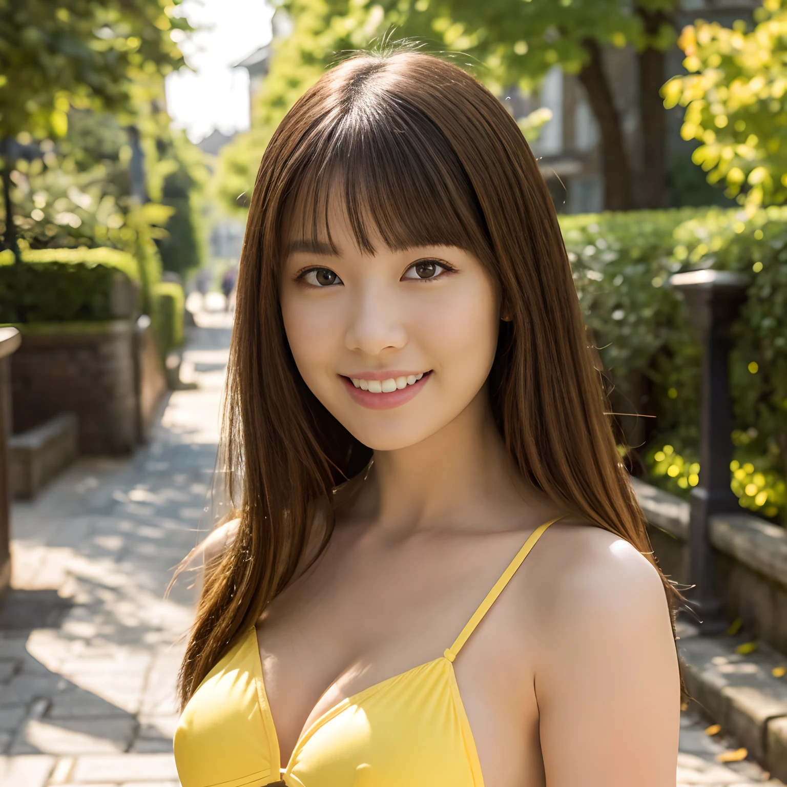masutepiece, Best Quality, Extremely detailed, cinematic lightening, intricate detailes, hight resolution, Official art, High resolution image of a beautiful woman,fullbody image,Dense beautiful face and eyes, High resolution illustration, 8K, depth of fields, Solo, 1girl in, Chestnut Girl, length hair, Beautiful eyes, Beautiful Landscapes, Sophisticated urban, full bodyesbian, Looking at Viewer, Smiling person in a yellow swimsuit,Walking on the sidewalk,