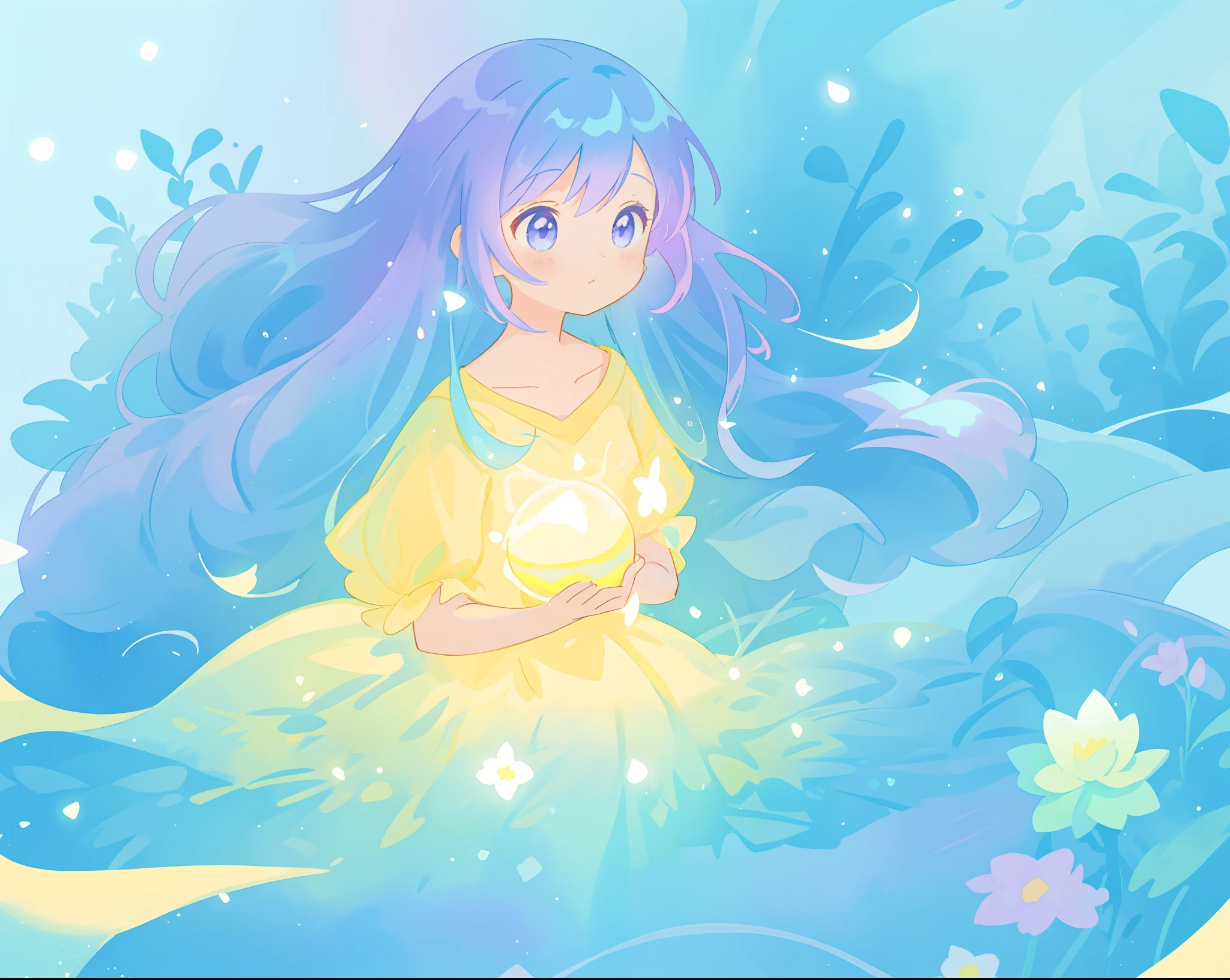 beautiful girl in yellow mint gradient flowing ballgown, long flowing blue purple hair, colorful fantasia background, watercolor illustration, disney art style, glowing aura around her, glowing lights, beautiful digital illustration, fantasia otherworldly landscape plants flowers, beautiful, masterpiece, best quality, anime disney style