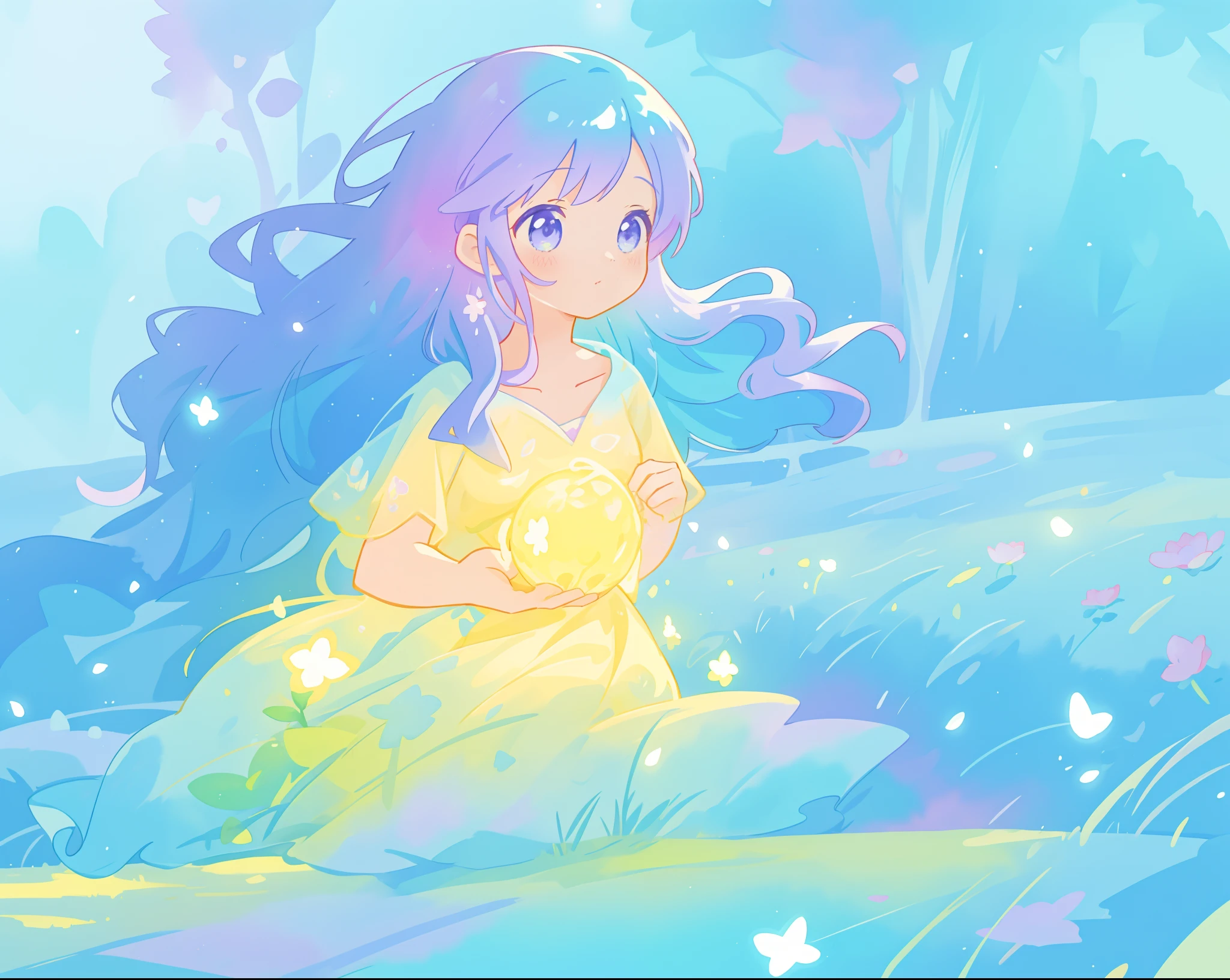 beautiful girl in yellow mint gradient flowing ballgown, long flowing blue purple hair, colorful fantasia background, watercolor illustration, disney art style, glowing aura around her, glowing lights, beautiful digital illustration, fantasia otherworldly landscape plants flowers, beautiful, masterpiece, best quality, anime disney style