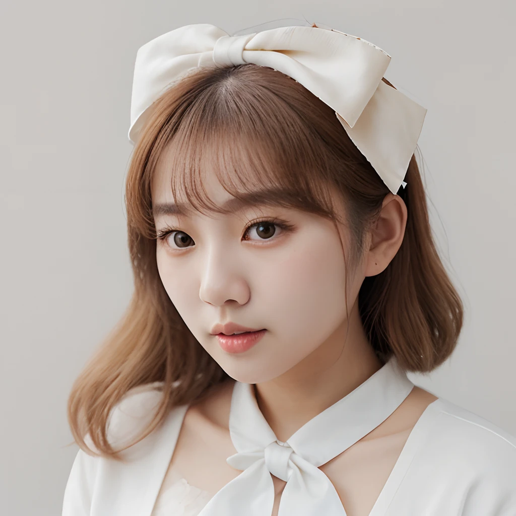 Cute blonde Korean woman wearing white clothes and with a realistic bow on her head