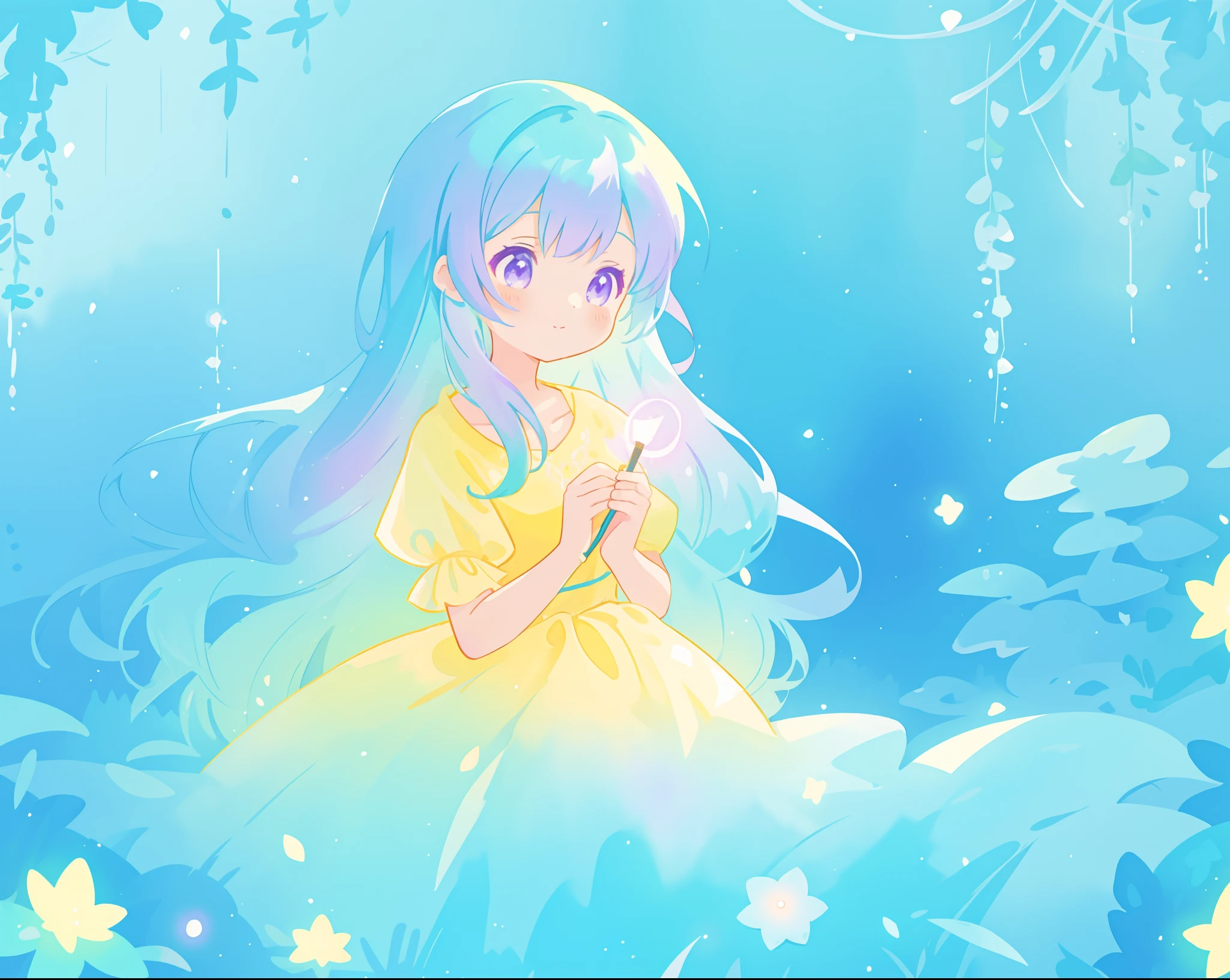 beautiful girl in yellow mint gradient flowing ballgown, long flowing blue purple hair, colorful fantasia background, watercolor illustration, disney art style, glowing aura around her, glowing lights, beautiful digital illustration, fantasia otherworldly landscape plants flowers, beautiful, masterpiece, best quality, anime disney style