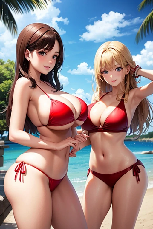 masterpiece, best quality, 2girls, girl1: annie, girl2: mary, girl1, embarrassed, wet:1.4, blonde hair, red eyes, blue bikini huge thighs, huge ass, very huge breasts, girl2, tall, smiling, wet :1.4, brown hair, brown eyes, huge breasts, huge thighs, huge ass, red bikini