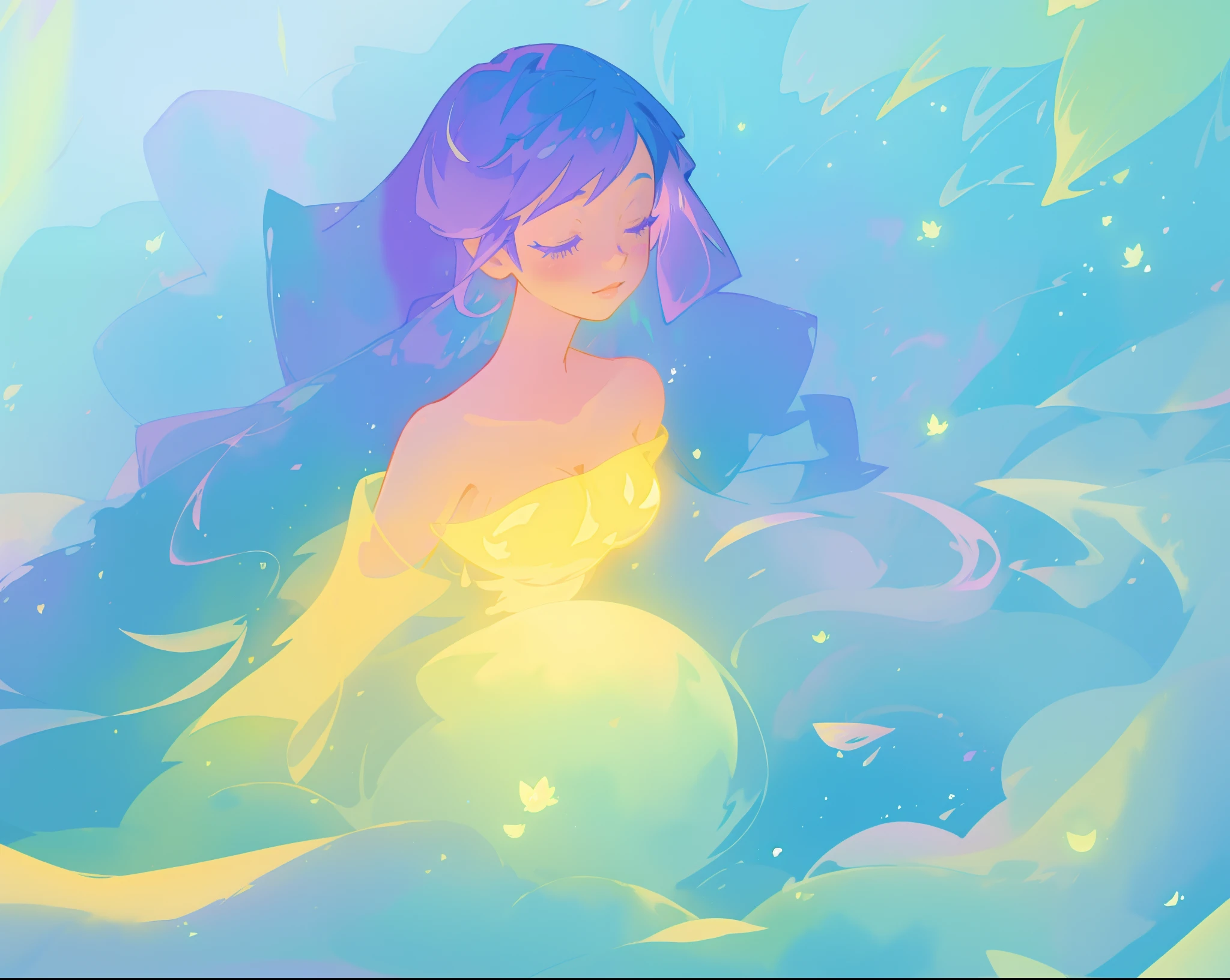 beautiful girl in yellow mint gradient flowing ballgown, long flowing blue purple hair, colorful fantasia background, watercolor illustration, disney art style, glowing aura around her, glowing lights, beautiful digital illustration, fantasia otherworldly landscape plants flowers, beautiful, masterpiece, best quality, anime disney style