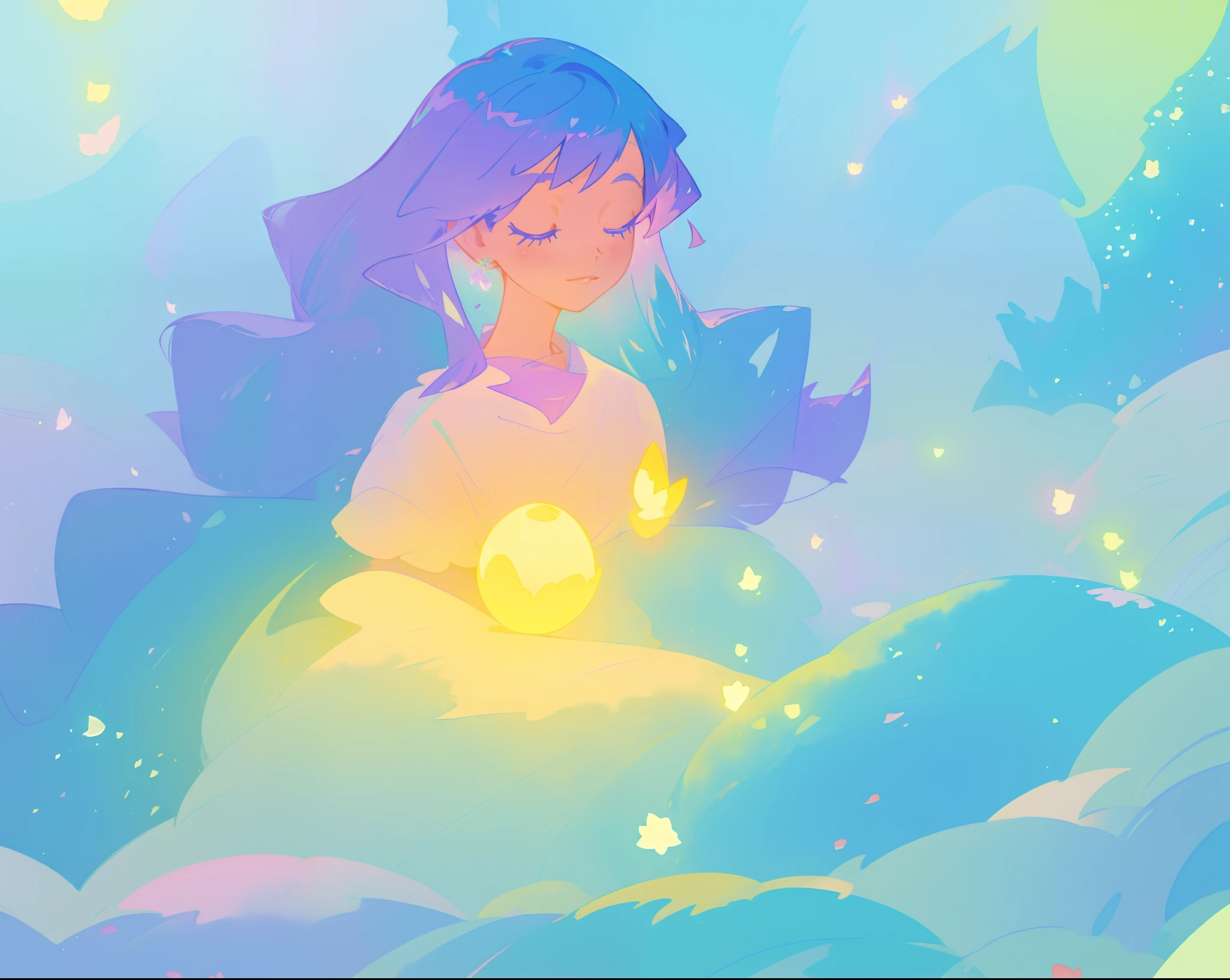 beautiful girl in yellow mint gradient flowing ballgown, long flowing blue purple hair, colorful fantasia background, watercolor illustration, disney art style, glowing aura around her, glowing lights, beautiful digital illustration, fantasia otherworldly landscape plants flowers, beautiful, masterpiece, best quality, anime disney style