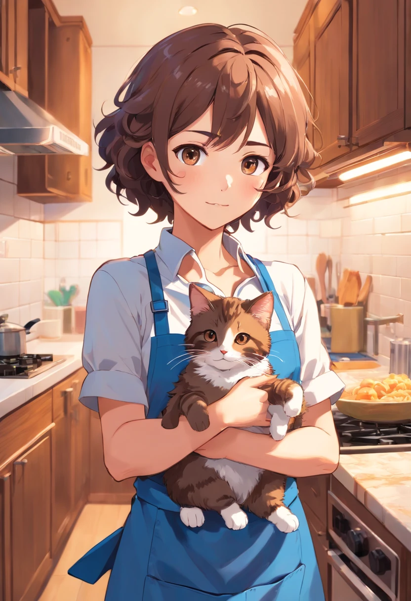 A curly-haired mom,Brown eyes,Clothes wearing a blue apron,Holding a gray-and-white striped cat in his arms