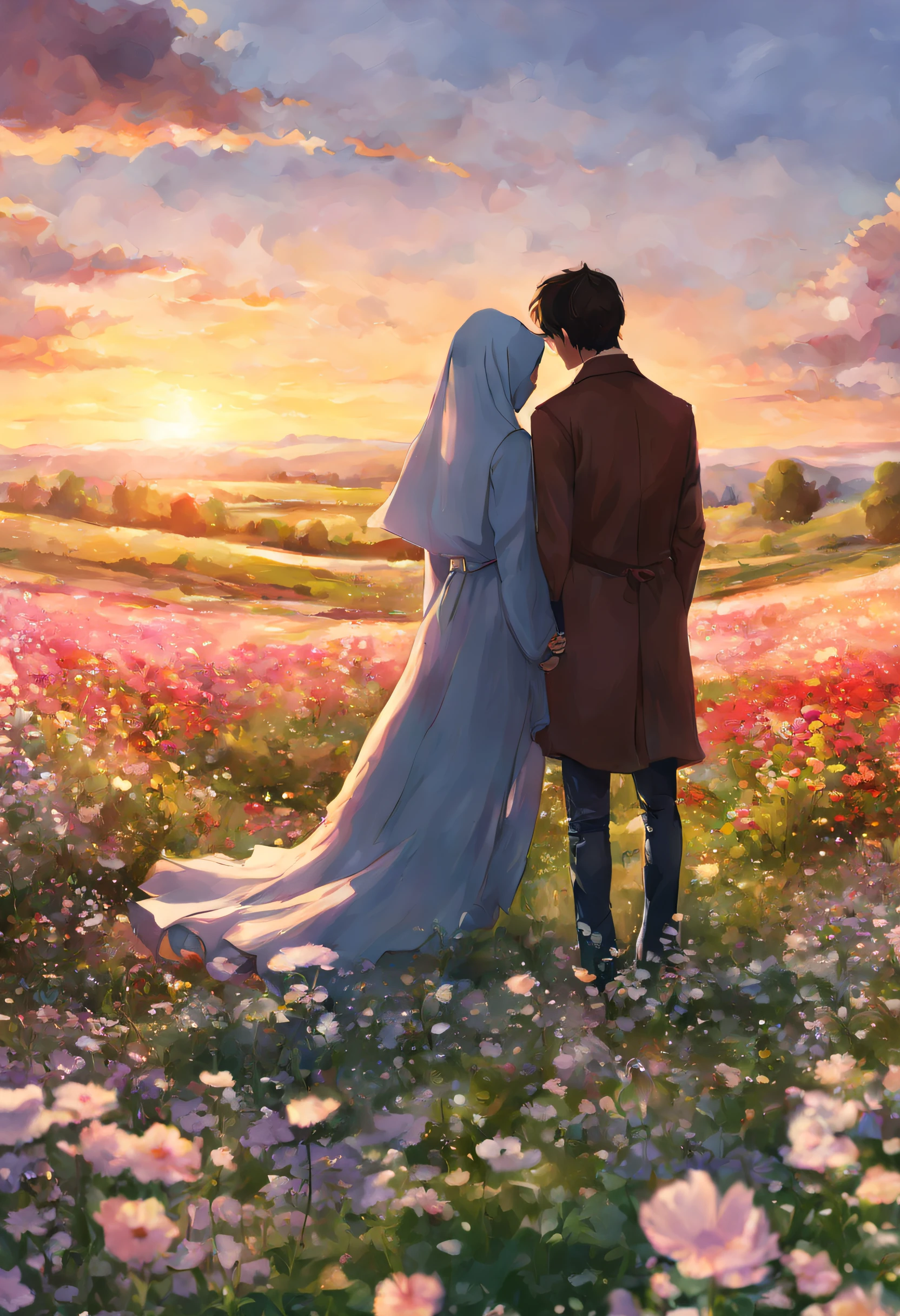 from far, romantic teen couple, hijab woman, man t shirt, visual from behind far, standing under a sunset sky, flower field, digital art, by Marshall Arisman, cover illustration, 70mm, 7 0 mm, 70 mm, book cover illustration, by Brigette Barrager, album cover, novel cover art for a book, art concept for a book cover, cover art, 7 feet tall