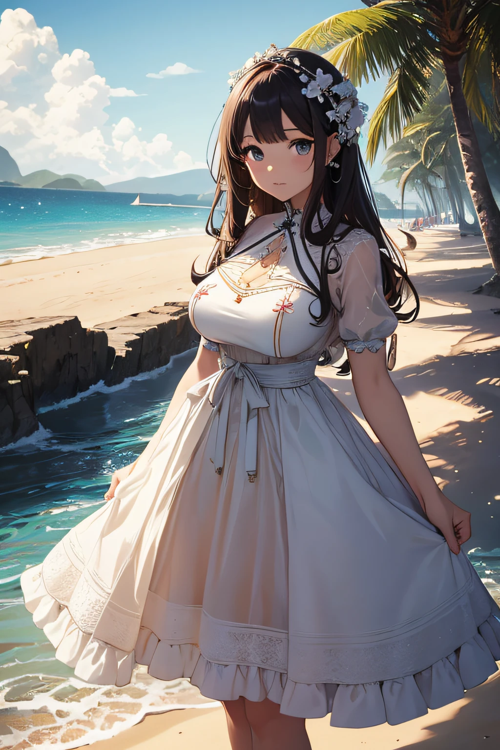 ​masterpiece、Background with（（sea side、sand beach））、30-years old、a beauty girl、huge tit、Highly detailed embroidery on the dress、skirt by the、