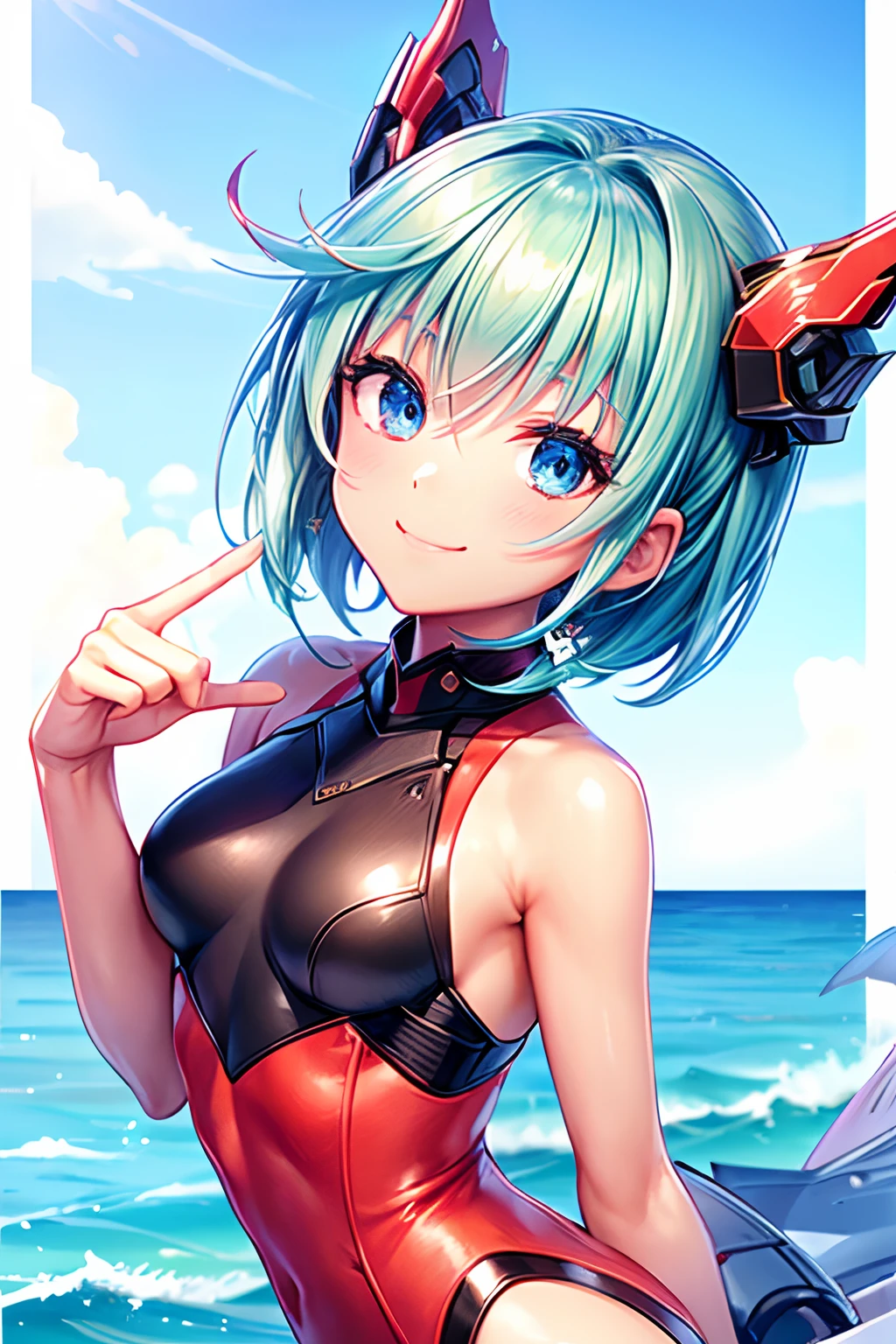 ((top-quality、Top image quality、超A high resolution))、((Raw photo、Photorealsitic:1.4))、Beautiful woman walking on the beach、25-years old、short heair, green hair, blue eyes, mecha, headgear, small breasts, Neat and clean beauty、walking alone、独奏、Perfect Style、thin-waist、small ass、a small face、tthin eyebrows、cute smile face、Young models、Kpop Idol、Round contour、A charming smile、big eye、Ultra-detailed and beautiful skin、maikurobikini、Super detailed and beautiful face, red clothes