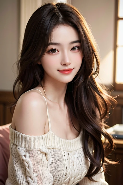 best quality, masterpiece, ultra high res, photorealistic, 1girl, offshoulder, smile, oversized_sweater, soft lighting, detailed skin,brown hair