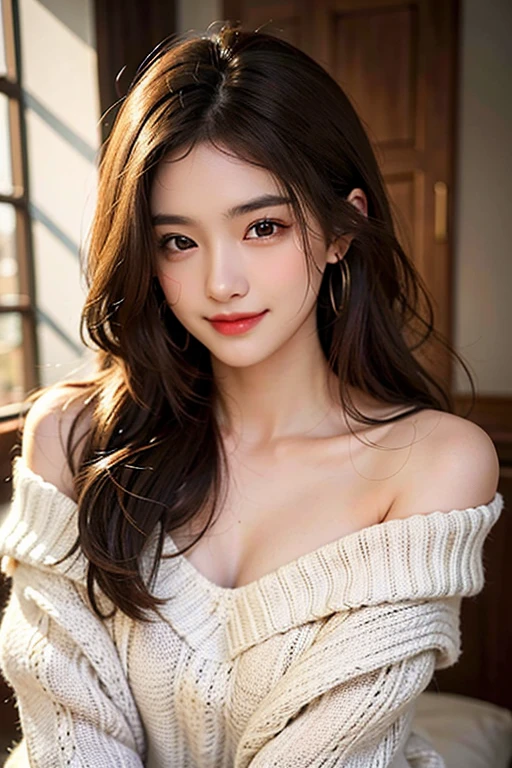 best quality, masterpiece, ultra high res, photorealistic, 1girl, offshoulder, smile, oversized_sweater, soft lighting, detailed skin,brown hair