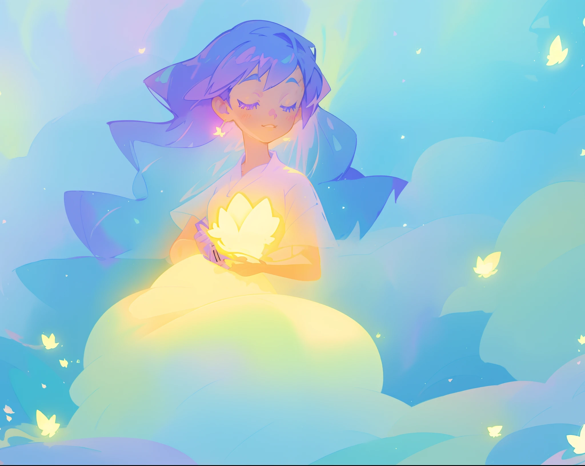 beautiful girl in yellow mint gradient flowing ballgown, long flowing blue purple hair, colorful fantasia background, watercolor illustration, disney art style, glowing aura around her, glowing lights, beautiful digital illustration, fantasia otherworldly landscape plants flowers, beautiful, masterpiece, best quality, anime disney style