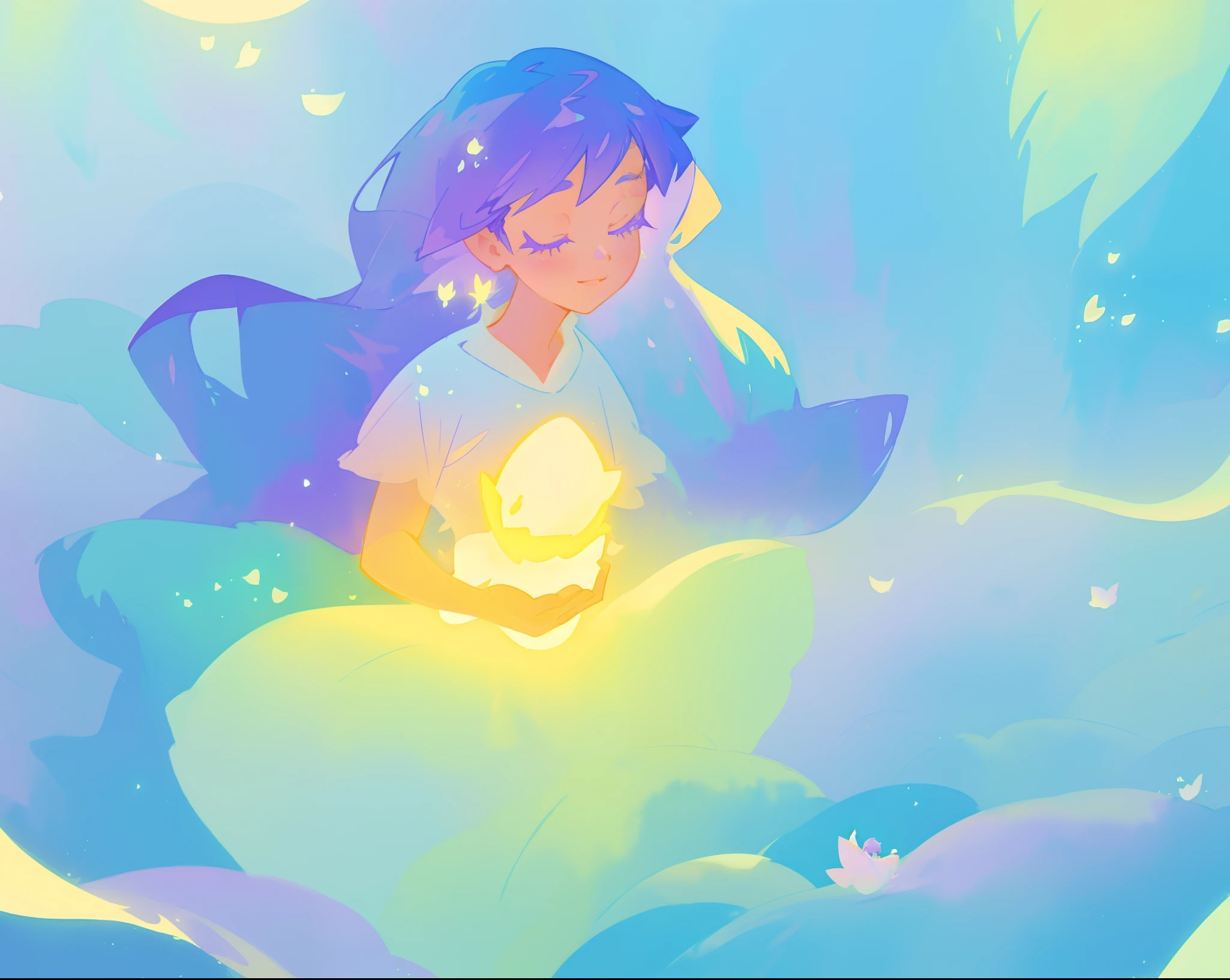 beautiful girl in yellow mint gradient flowing ballgown, long flowing blue purple hair, colorful fantasia background, watercolor illustration, disney art style, glowing aura around her, glowing lights, beautiful digital illustration, fantasia otherworldly landscape plants flowers, beautiful, masterpiece, best quality, anime disney style