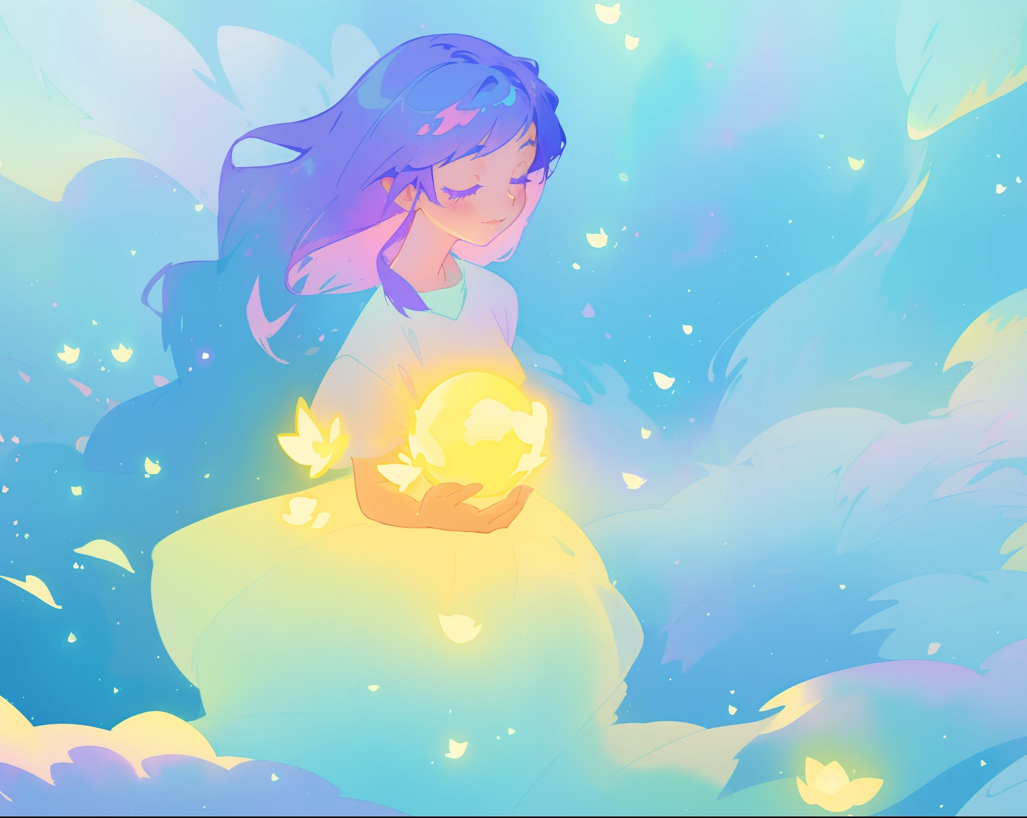 beautiful girl in yellow mint gradient flowing ballgown, long flowing blue purple hair, colorful fantasia background, watercolor illustration, disney art style, glowing aura around her, glowing lights, beautiful digital illustration, fantasia otherworldly landscape plants flowers, beautiful, masterpiece, best quality, anime disney style