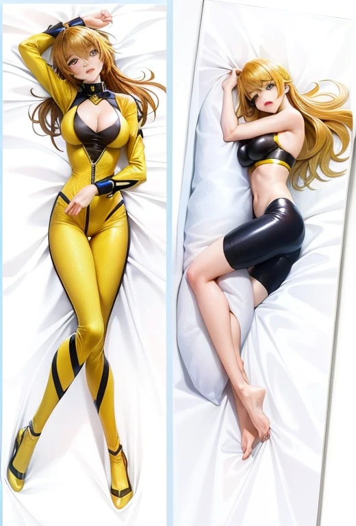 Two anime characters lying on bed with sheets and pillows, anya from spy x family, Silk Spectre, full body zenkai! asuka suit, jojo, Some sandy-yellow pillows, asuka suit under clothes!, Medium close-up, with yellow cloths, glamorous angewoman digimon, black canary, anime woman fullbody art, yellow x-man costume, cyarine