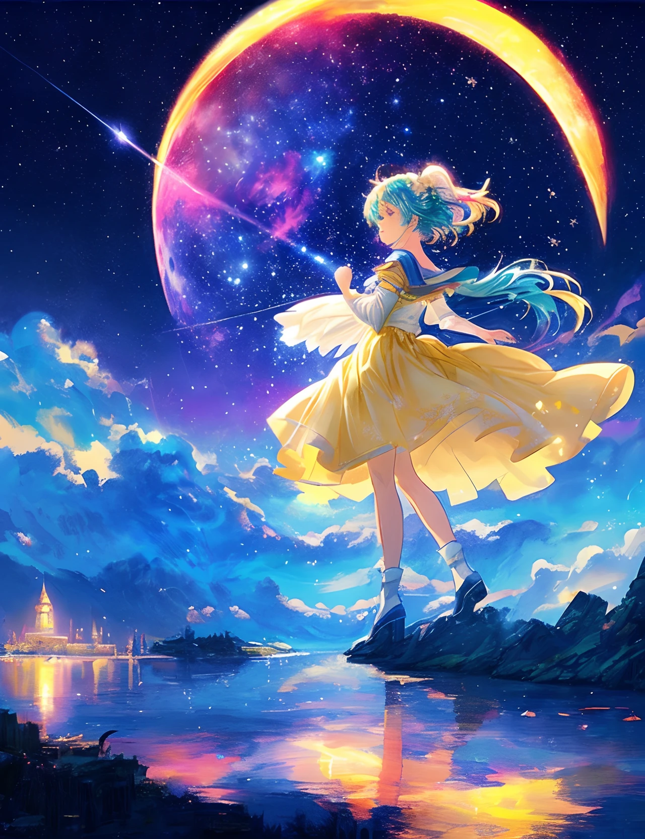 ((Supergiant pale yellow moon))((A girl who looks up at her profile and is subjectively depicted))、((Crying girl))、Profile Girls、On a multicolored background、River painting with stars and moon in rainbow sky、Shining skyscrapers、Shine across the board、Concept art inspired by Mitsuoki Tosa、pixiv contest winners、top-quality、Fantasyart、beautiful anime scene、Bright moon、Moonlit star environment、Dream painting、Anime Background Art、Fantasy landscape art、fantasy knight、anime backgrounds、background artwork、Fantastic art、atmospheric anime、starrysky、Detail has been enhanced。