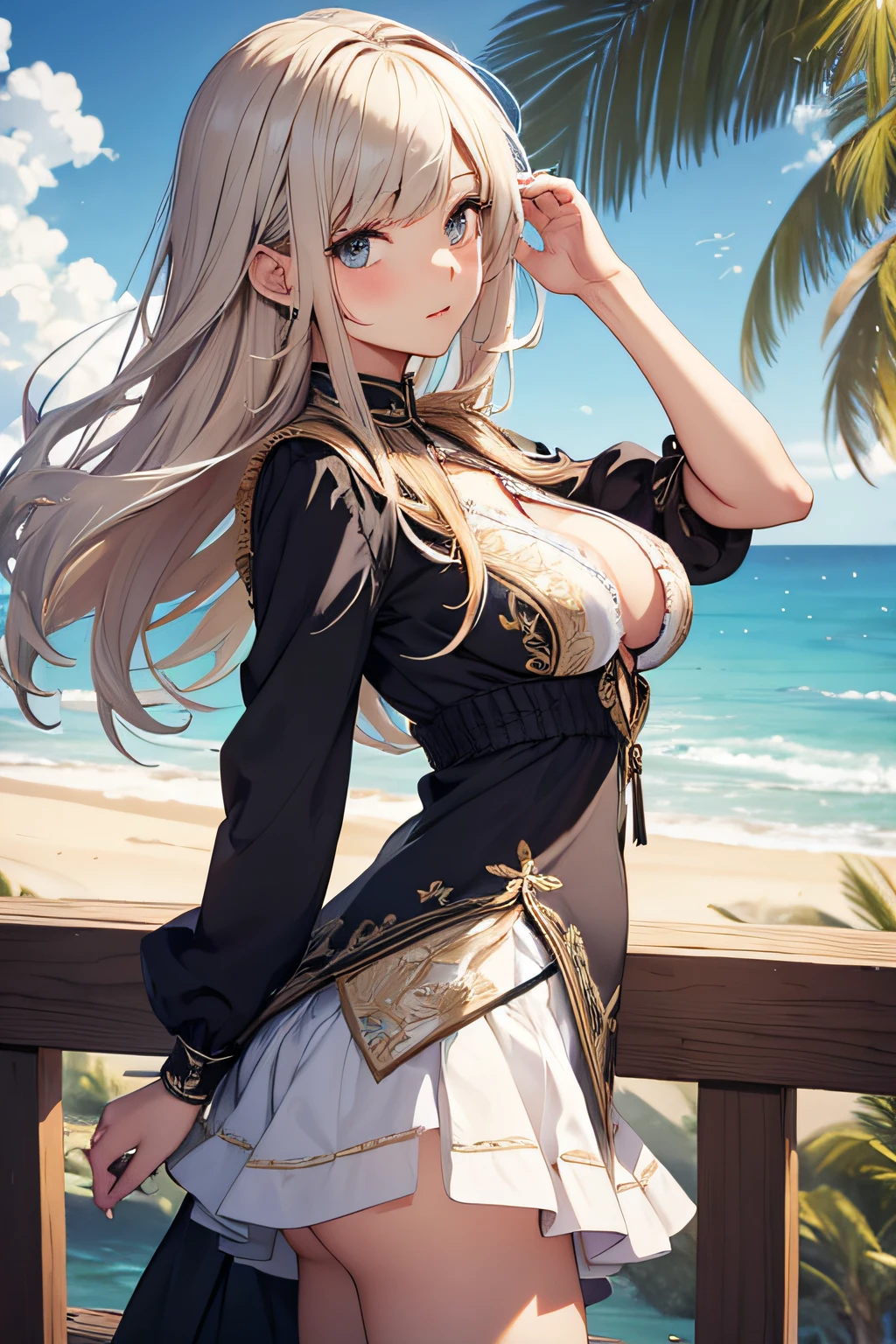 ​masterpiece、Background with（（sea side、sand beach））、20yr old、a beauty girl、huge tit、Highly detailed embroidery on the dress、skirt by the、